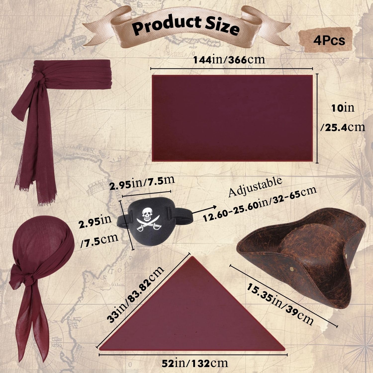 AUCANNIO 4PCS Pirate Costume Accessories for Adults Hat Headscarf Sash Belt Eye Masks Patch Premium Pirate Accessories for Halloween Costume Fancy Dress Colonial Medieval Role Play Theme Party - Image 2