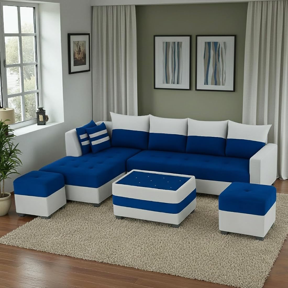 Furny Styleeo 8 Seater Fabric LHS L Shape Sofa Set with 1 Centre Table & 2 Ottoman (Blue-Light Grey) | Soft Velvet Fabric | Modern Design | Comfortable Seating | Living Room Furniture-image-18