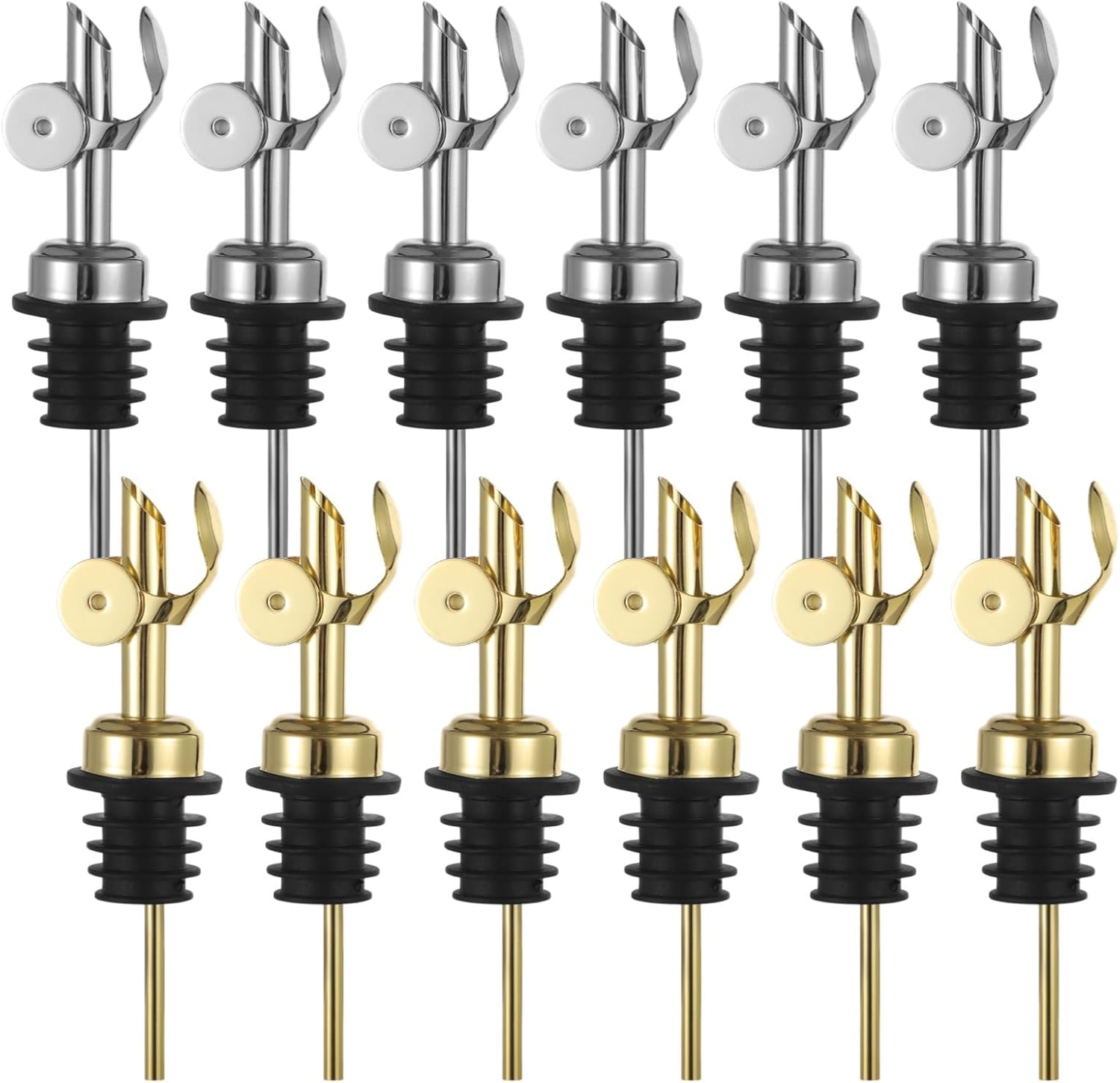 12 Pack Stainless Steel Bottle Pourers, Olive Oil Spouts with Silicone Seals and Automatic Closure for Kitchen, Bar & Restaurant Use