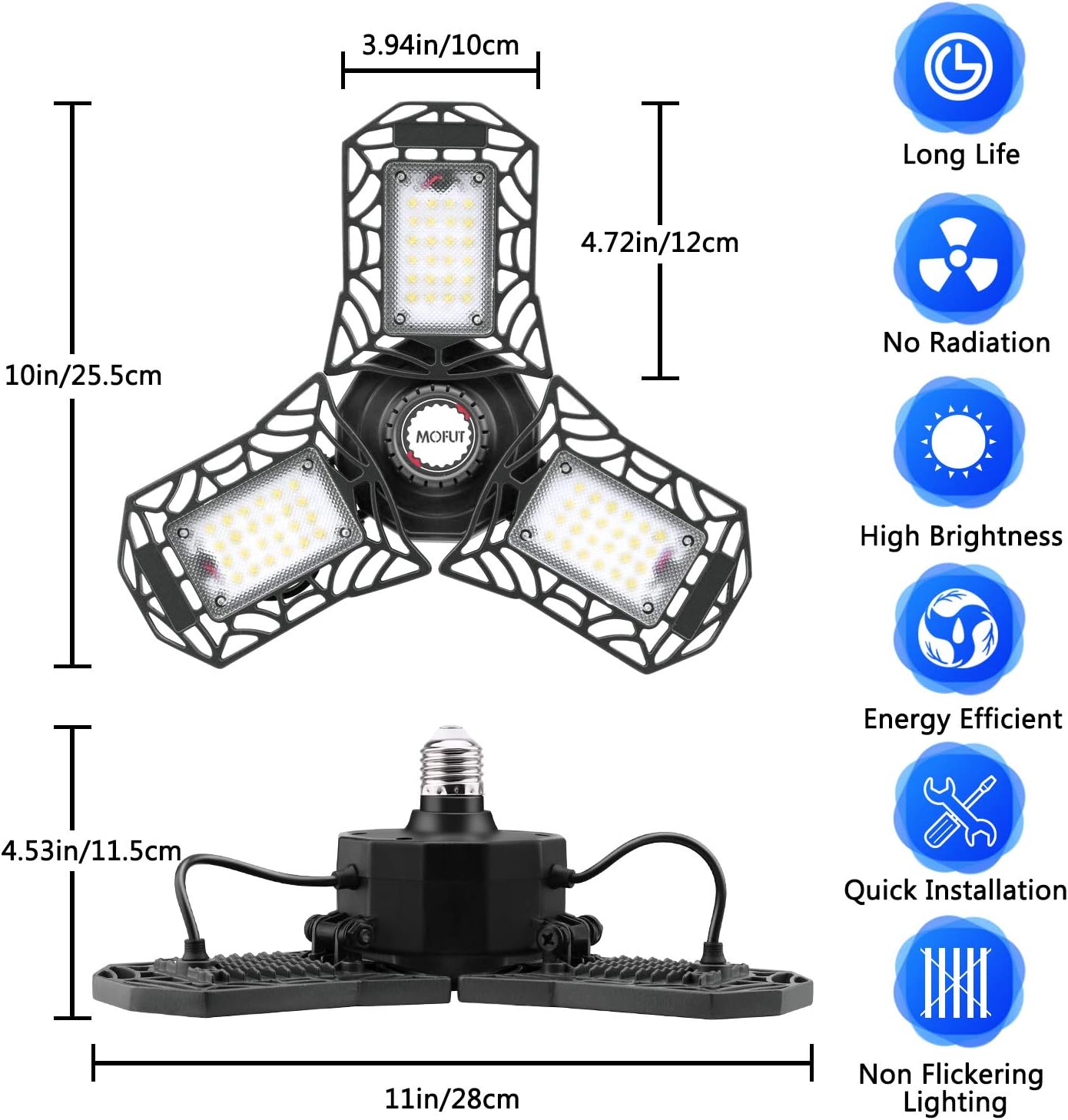 LED Garage Lights, 2 Pack LED Garage Ceiling Lights 6000LM Garage Lighting, Deformable LED Garage Light Bulbs, Support E26 Screw Socket LED Shop Lights for Garage, Lamp Sets, etc (No Motion Detection)