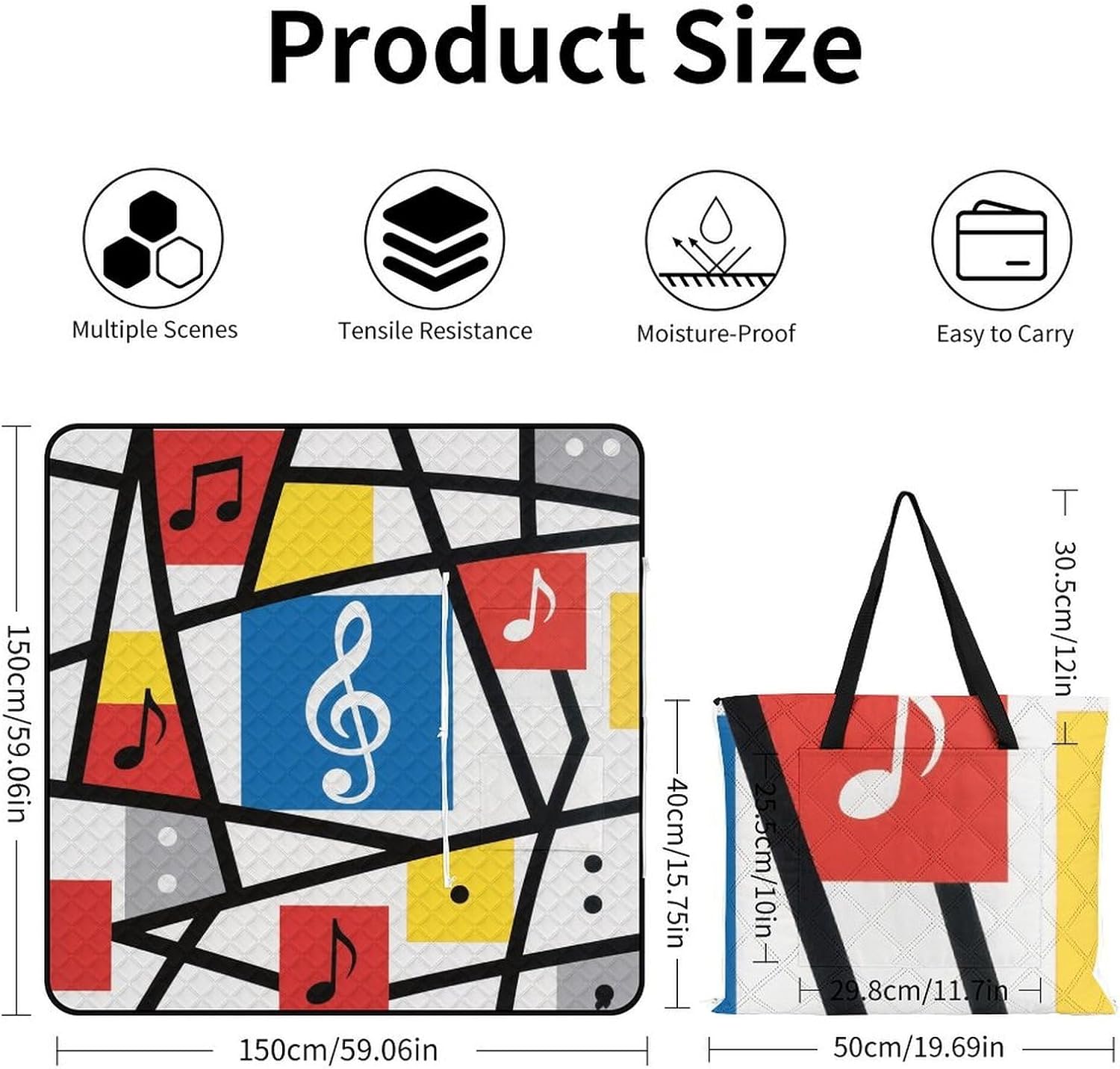 Music Notes Picnic Blanket 150x150cm, Foldable 2-in-1 Picnic Mat and Tote Bag Portable Waterproof Beach Mat Sandproof Outdoor Blanket for Park, Hiking, Beach, Camping, Travel