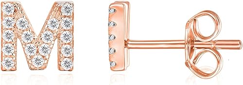 PAVOI Aretes de plata de ley 925 chapados en oro de 14 quilates con circonita cúbica con letra inicial para mujer Aretes de letras del alfabeto de