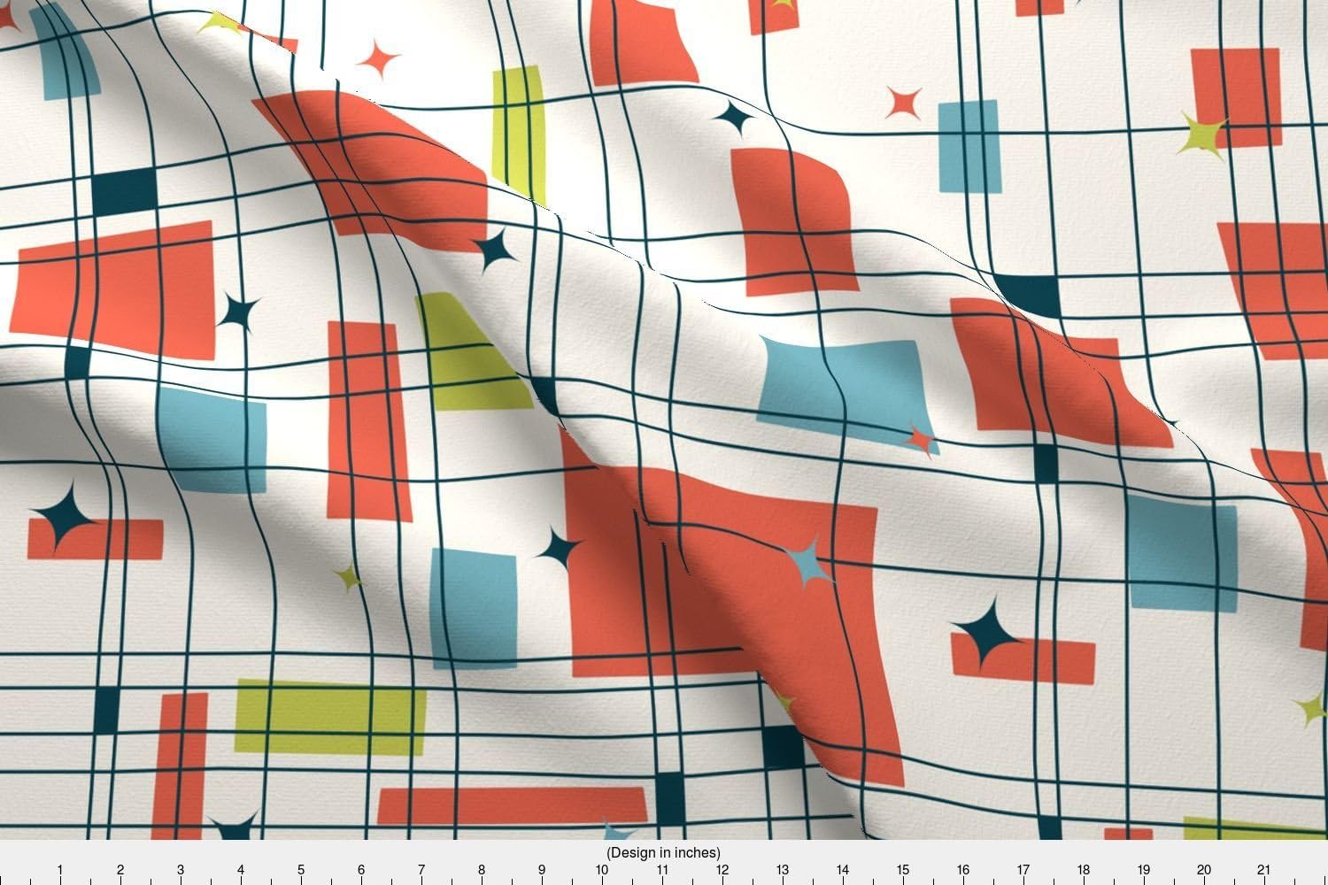 Spoonflower Fabric - Mid Century Modern Grid Stars Retro Geometric Coral Atomic Squares Printed on Lightweight Cotton Twill Fabric by The Yard - Sewing Bottomweight Fashion Apparel Home