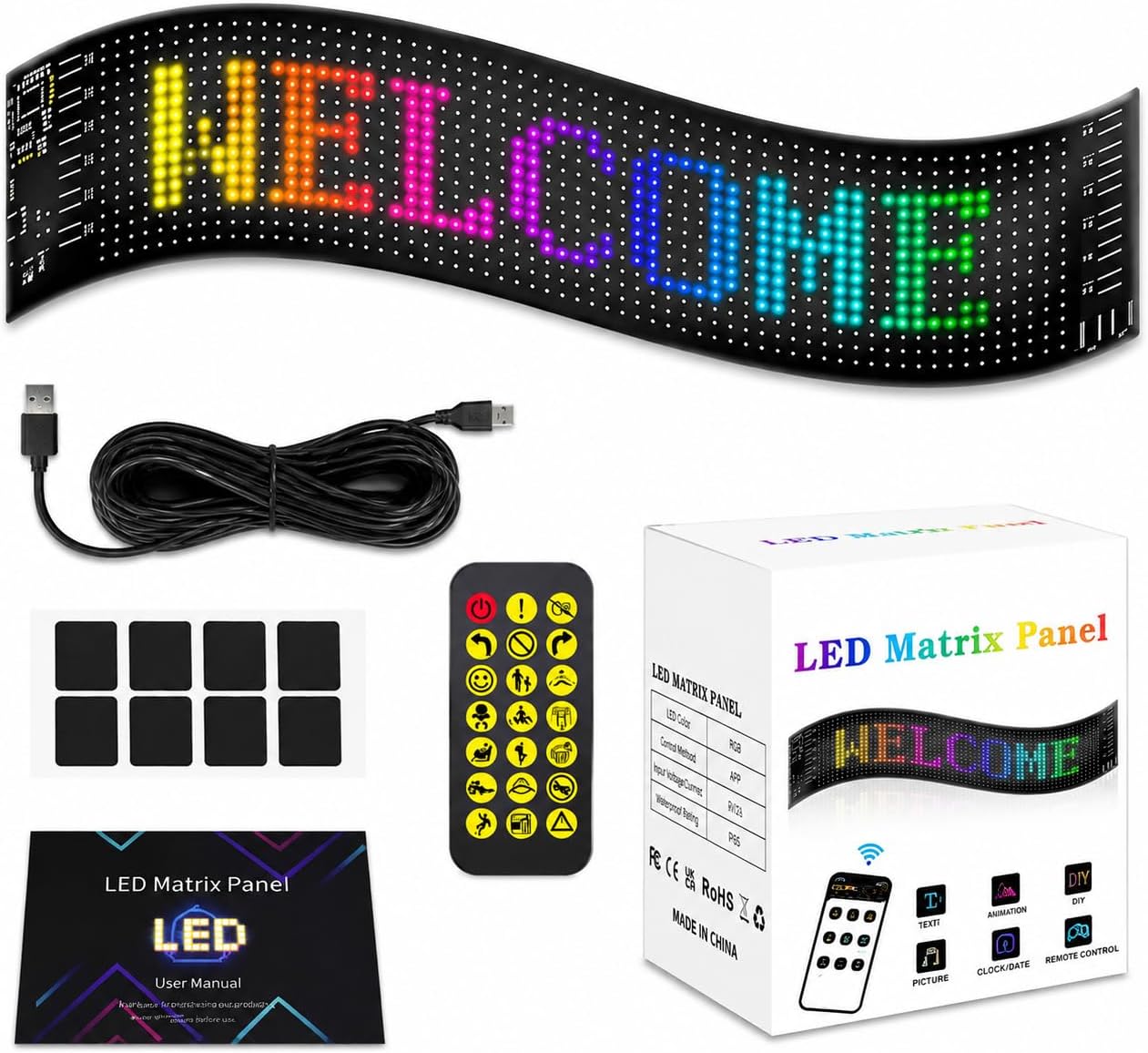 Flexible LED Matrix Panel, Bluetooth App Programmable LED Car Sign, DIY Scrolling Text Animation Graffiti LED Screen, Waterproof USB 5V LED Display for Car Window, Store, Party (13.7"x4.0")