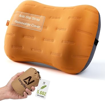 Inflatable Camping Pillow - Ultralight Compact Air Pillow for Travel, Backpacking & Hiking - Ergonomic Neck & Lumbar Support - Portable Inflatable Pillow with Removable Washable Cover - Orange