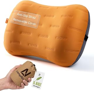 Inflatable Camping Pillow - Ultralight Compact Air Pillow for Travel, Backpacking & Hiking - Ergonomic Neck & Lumbar Support - Portable Inflatable Pillow with Removable Washable Cover - (Orange)