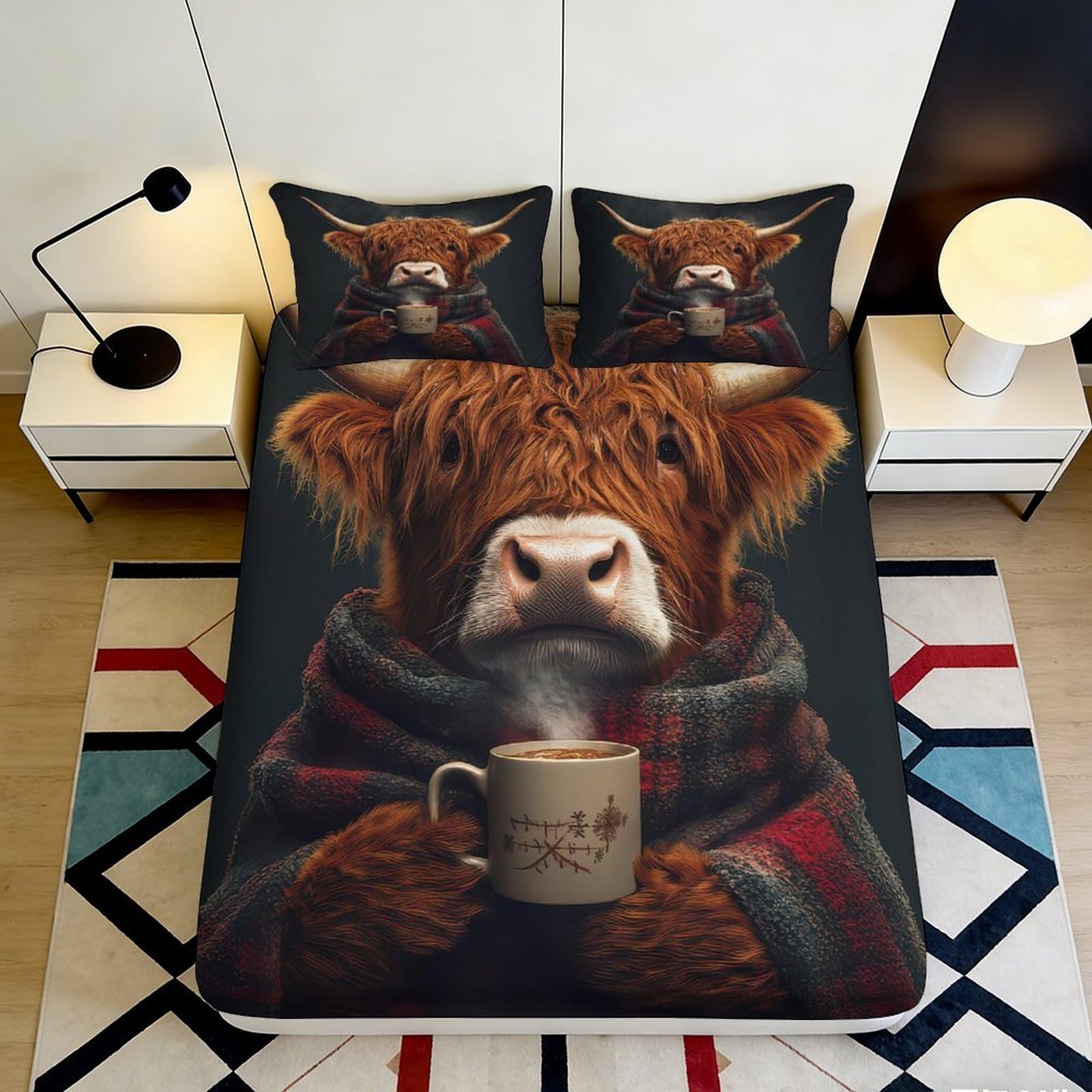 3D Printed Cozy Highland Cow Fitted Sheet Microfiber Soft Brown Plaid Cattle Mattress Cover for Bedroom Guestroom Decor 90x200x25cm