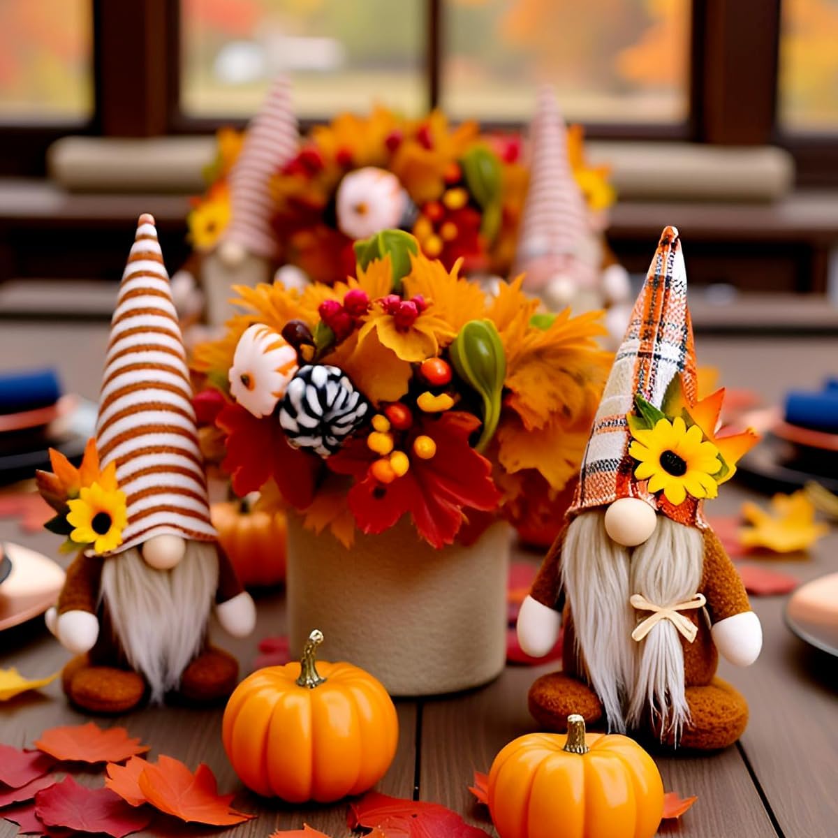 2-Pack Fall Gnomes Decor – 8.26" Thanksgiving Harvest Plaid Gnomes with Maple Leaf & Sunflower, Themed Figurines for Autumn Tabletop,Tray Decor (Maple Leaf & Sunflower Gnomes A) - Image 6