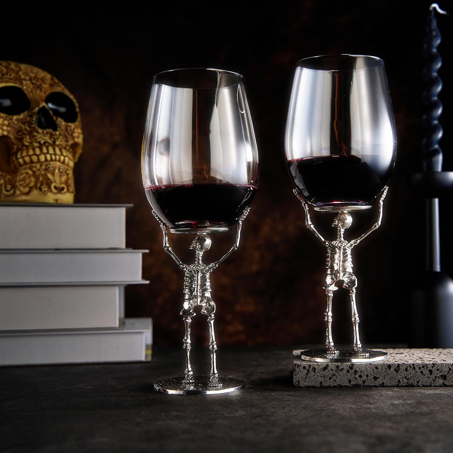 Stemmed Skeleton Wine Glasses, Set of 2, 10 Inch Tall Silver Metal Base Borosilicate Glass 19oz Decorative Drinkware for Parties, Dining, Home Bar, Gifts and Unique Tabletop Entertaining - Image 4