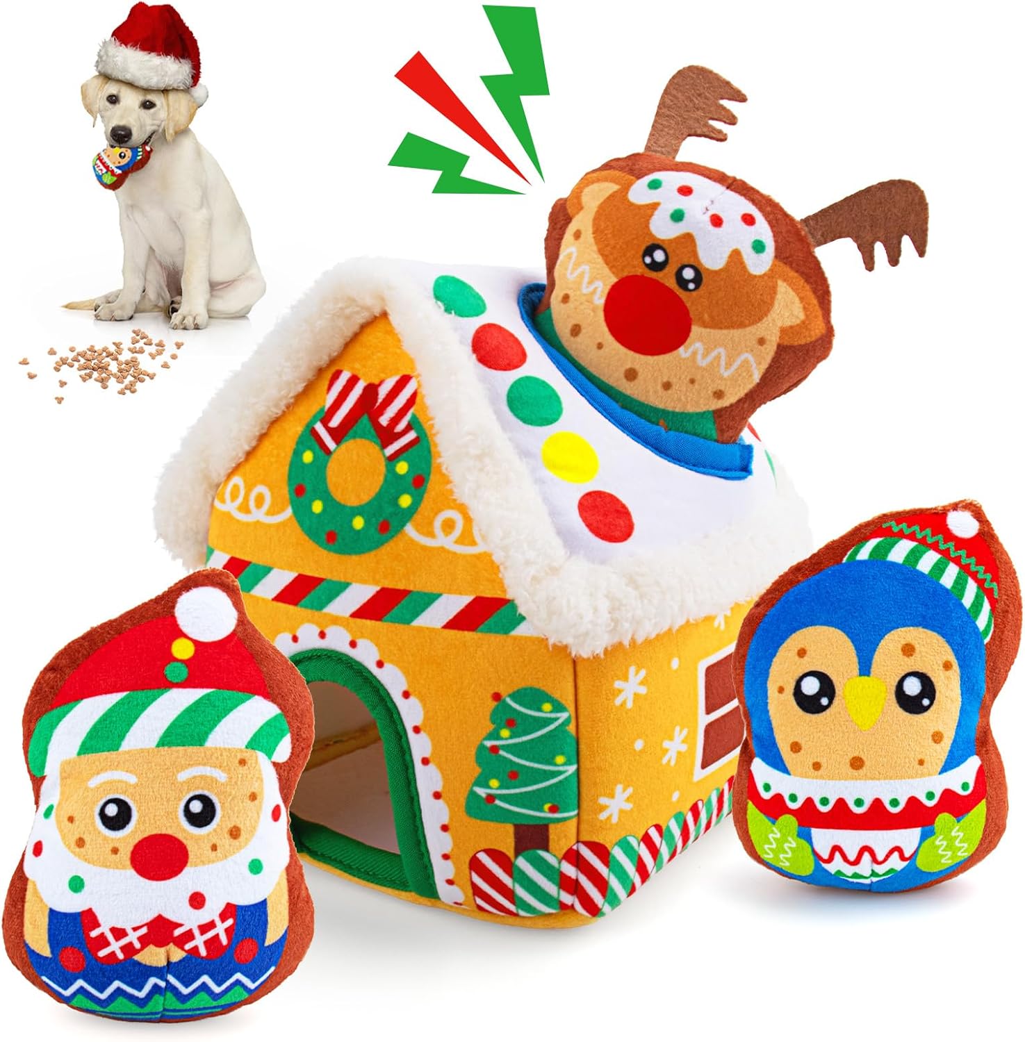 Christmas Interactive Dog Toys,Hide and Seek Activity Plush Burrow Stuffing Dog Puzzle Toy Squeaky Santa Claus Chew Fetch Brain Stimulating Toy for Dogs，Christmas Toys for Dogs Gift-Gingerbread House