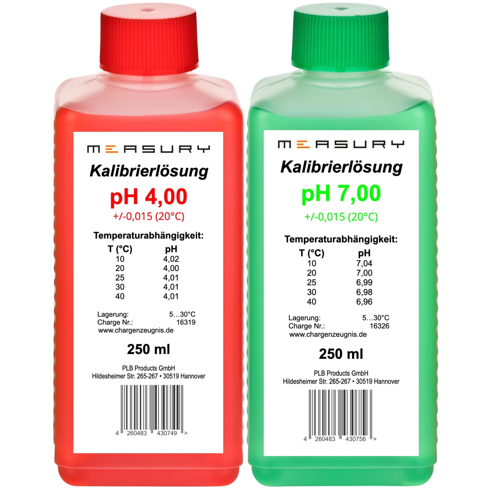 Measury pH Kalibrierlösung 4.00 und 7.00 - hergestellt in Deutschland, pH Pufferlösung je 250ml, Eichlösung Rot/Grün, Kalibrierflüssigkeit Set Eichflüssigkeit
