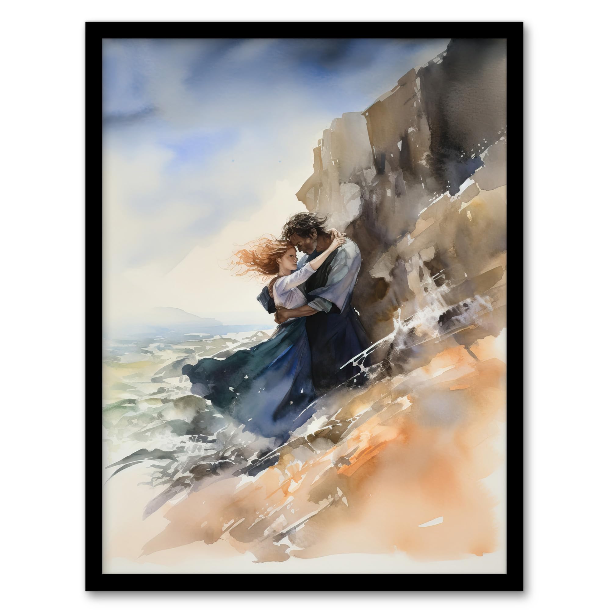 Artery8 Couple Embrace In Dramatic Coastal Cliff Landscape Watercolour Painting Wuthering Heights Artwork Framed Wall Art Print A4