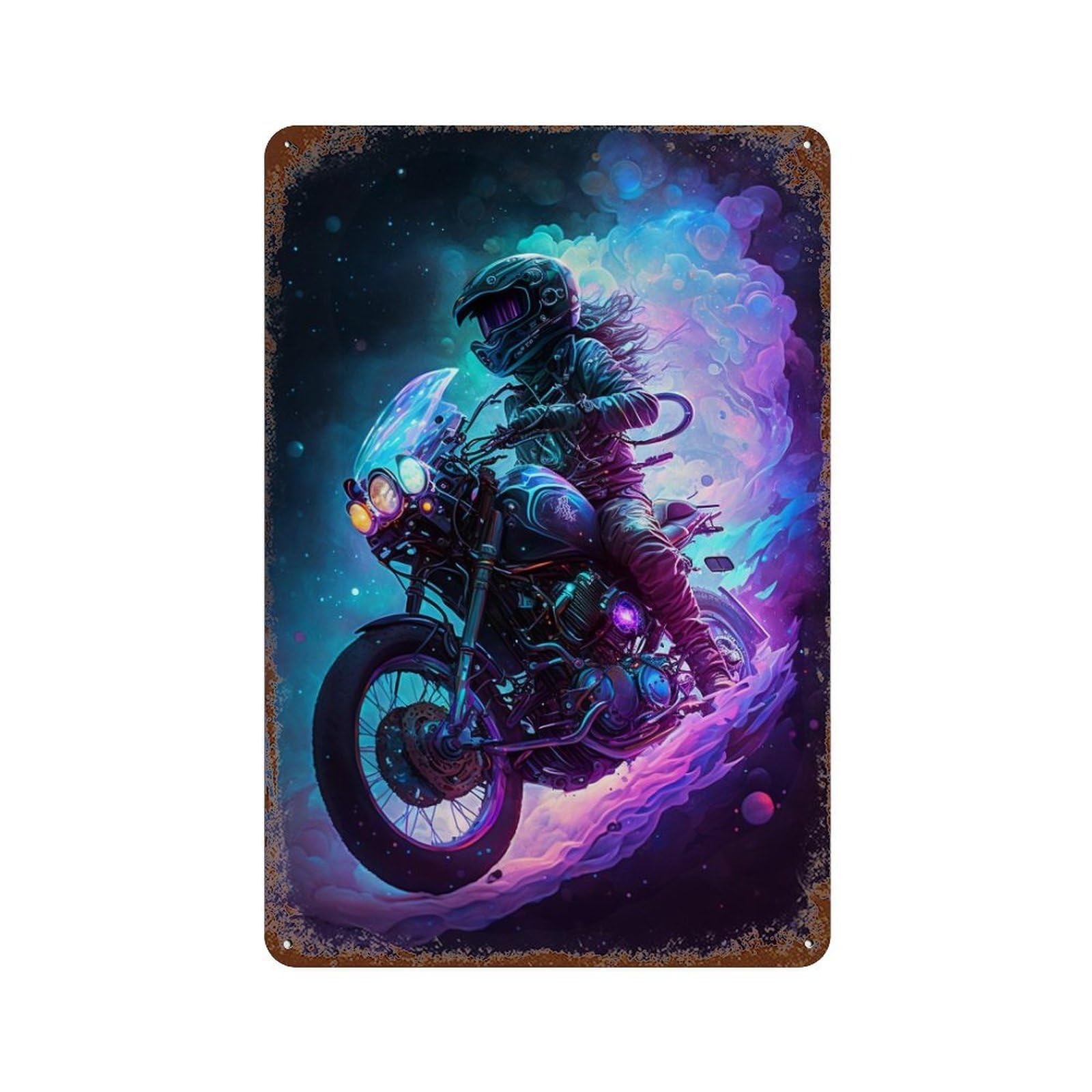 Retro Metal Sign with Motorcycle Rider in Neon Dreamscape Design 11.8"x7.9", for Shed, Workshop And Garage Wall Decor, Old School Wall Decor