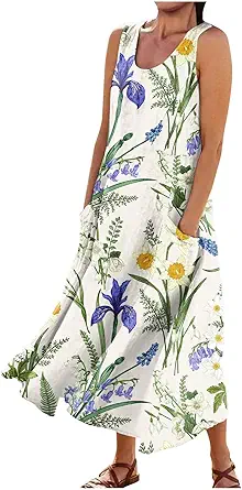 Plus Size Cotton Linen Summer Dresses for Curvy Women 2025 Sleeveless Maxi Vacation Beach Sundresses with Pockets