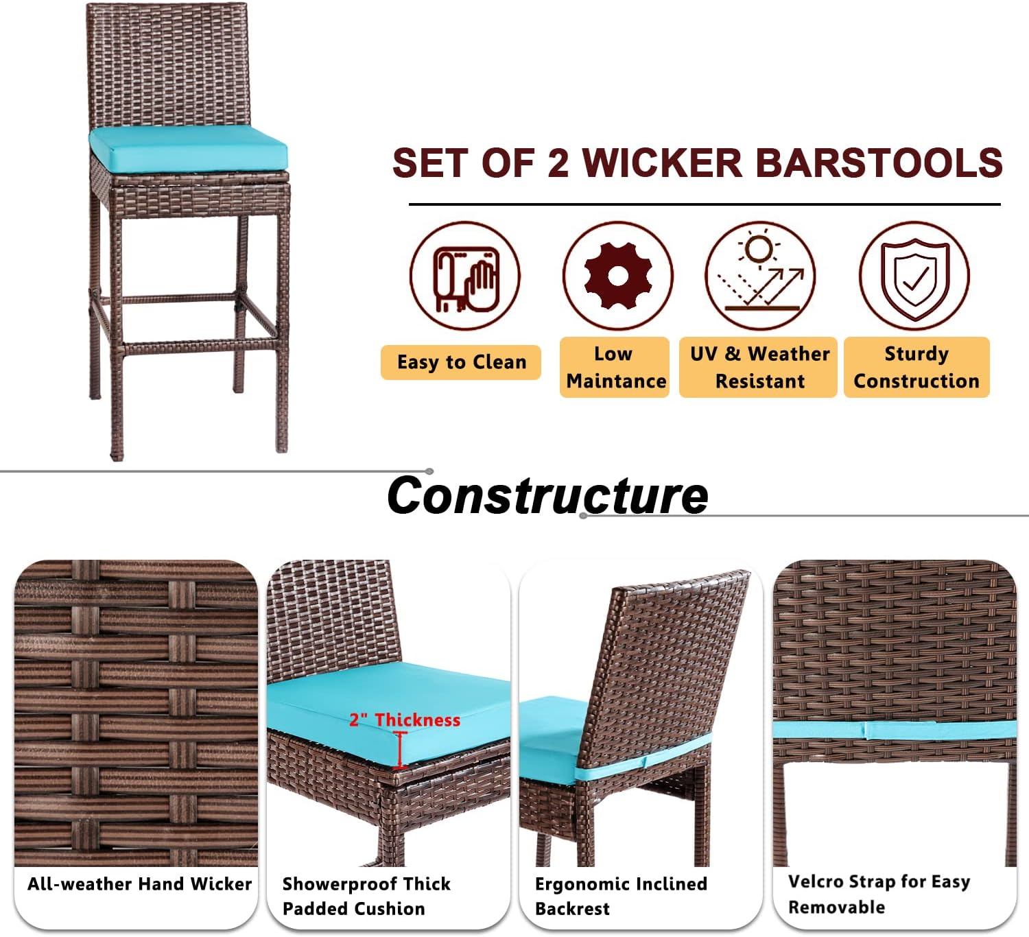 Outdoor Patio Stools & Bar Chairs Set of 2 Wicker Woven Outdoor Bar Stools Bar Height Chairs High Back with Footrest Armless Cushion Blue All Weather Patio Seating for Garden Pool Lawn Backyard