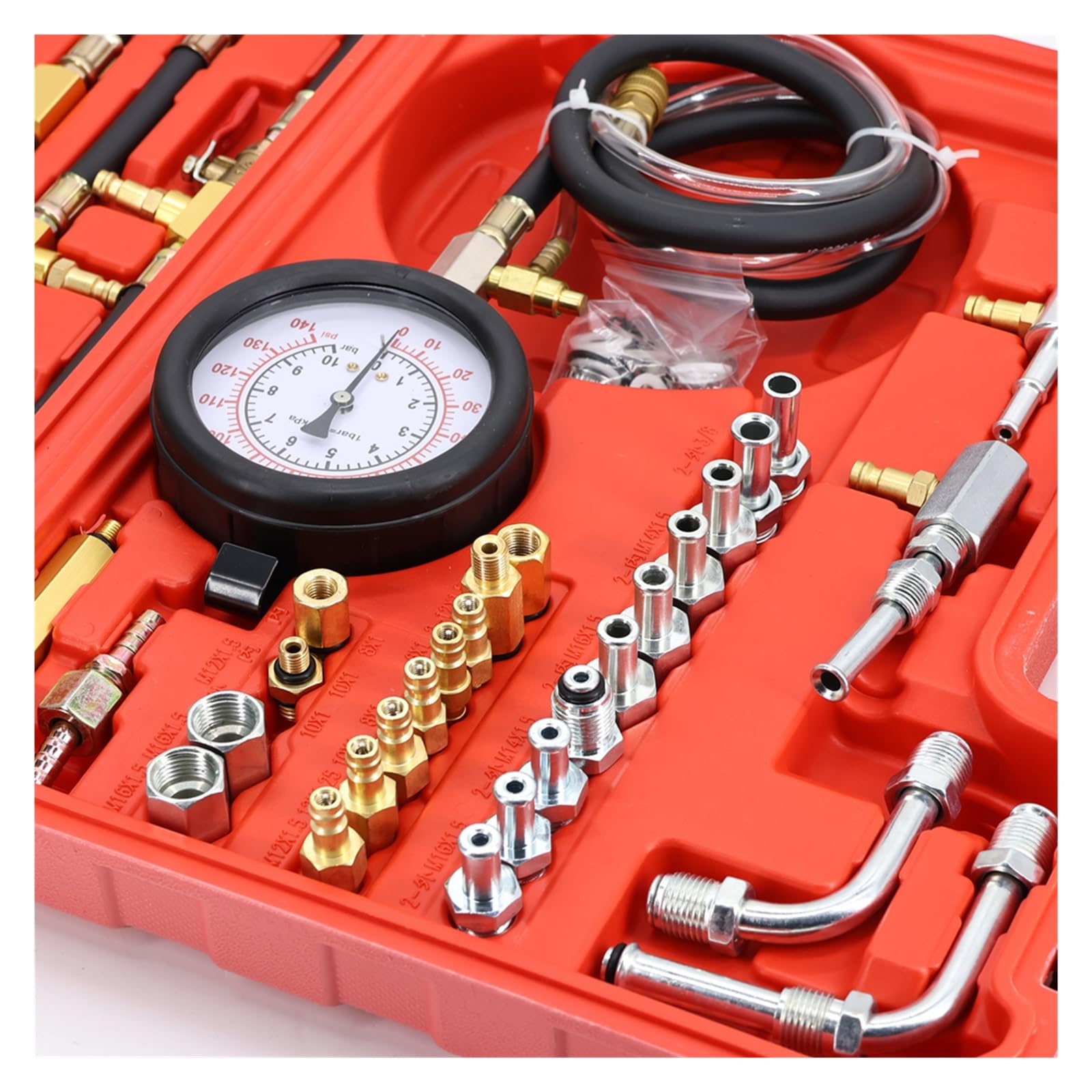 Kit de comprobador presión inyección Combustible for automóvil, 0-140 PSI, Juego Herramientas for Bomba Sistema automático, for Gasolina Motor