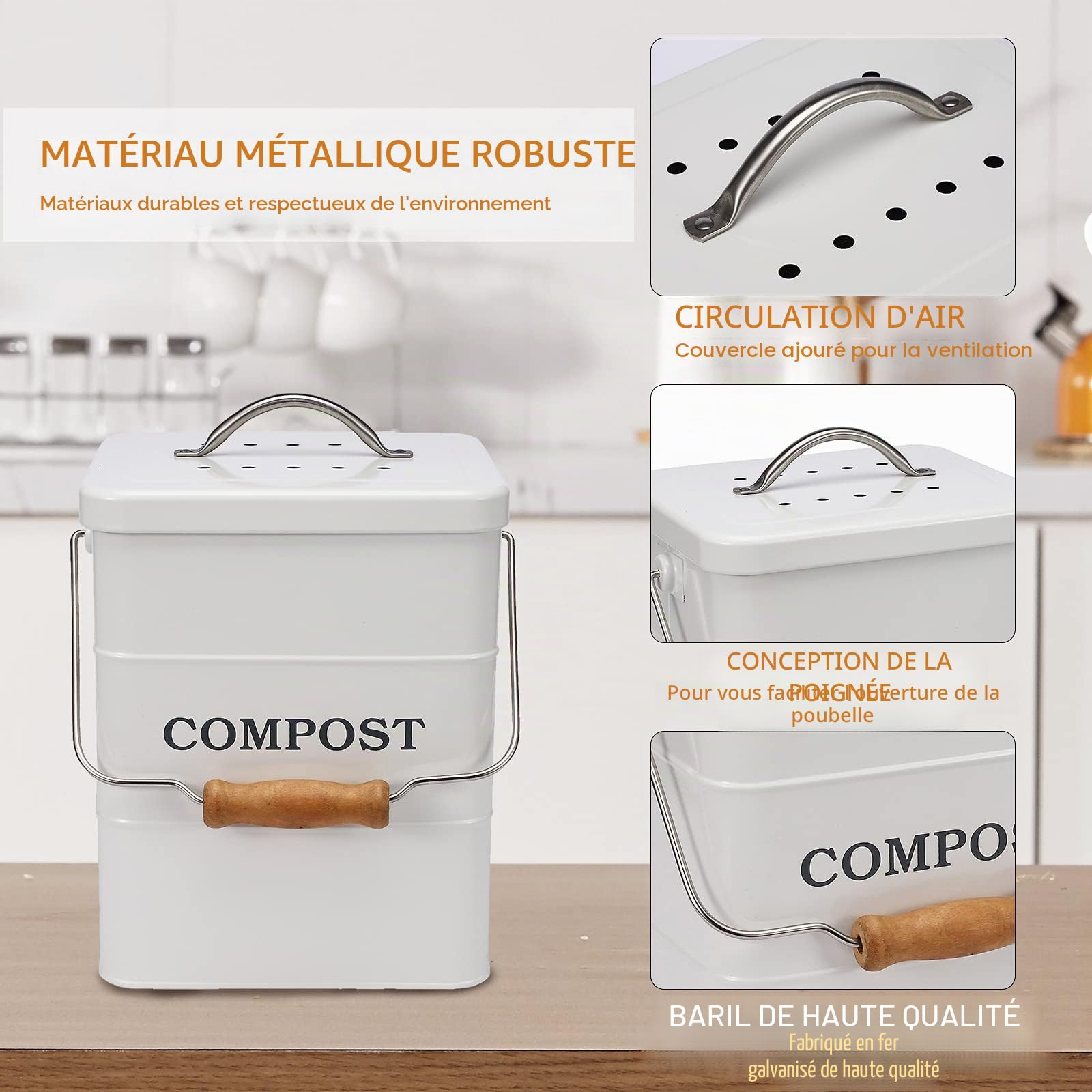 Poubelle à Compost en Acier au Carbone 6 L avec Couvercle et Filtre à Charbon Blanc