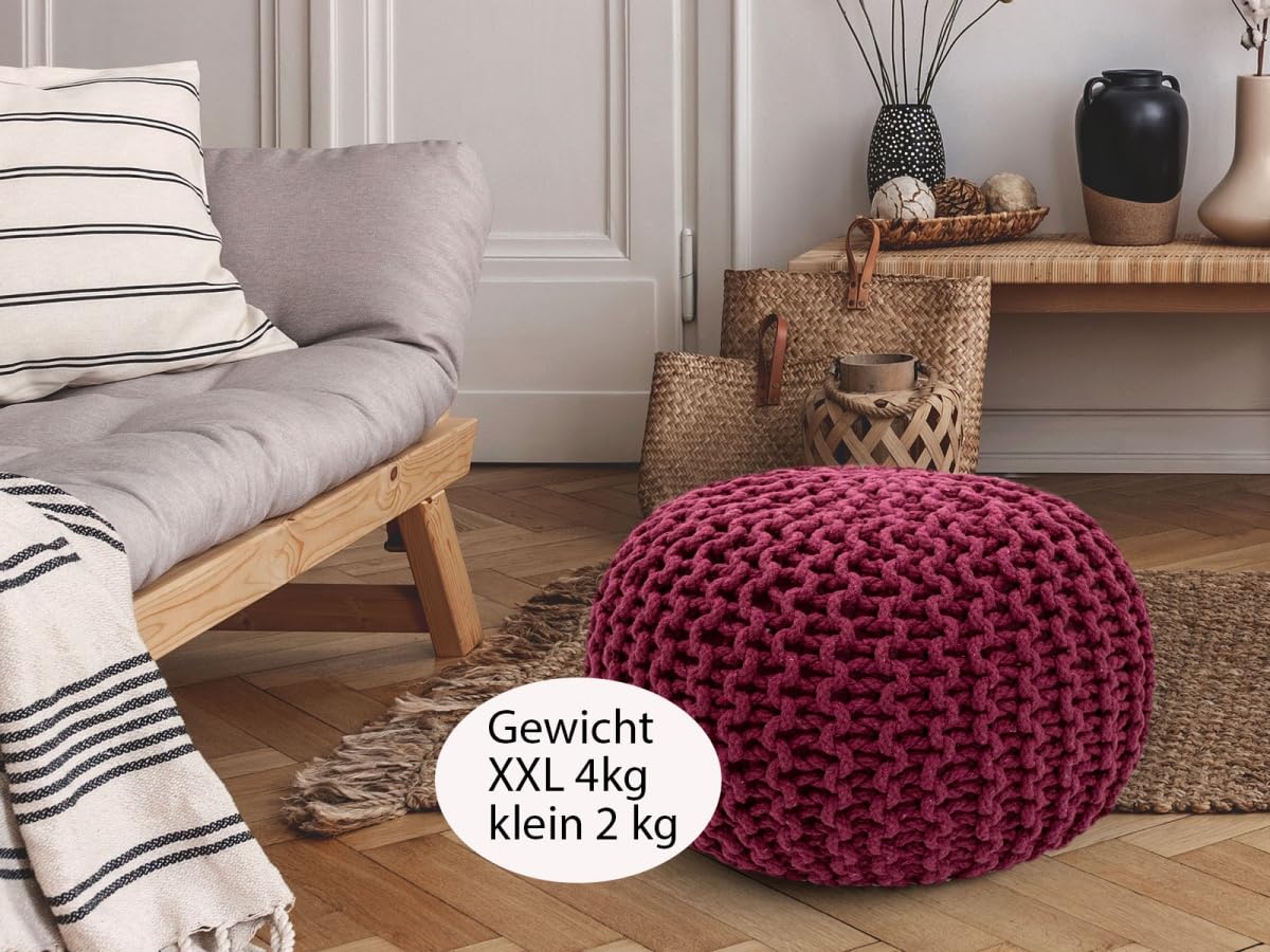 Sitzpouf Strickhocker Pouf Ø45 H30cm Bodenkissen Indoor Baumwolle nachhaltig recycelt Farbe Bordeaux