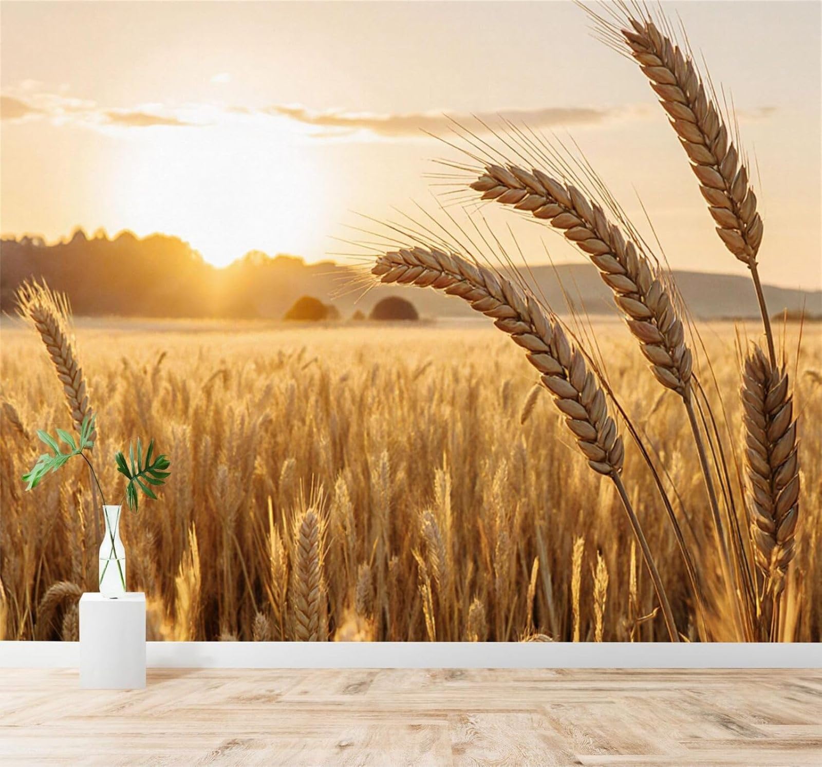 Tzxztt Aesthetic Sunset Golden Wheat Fields Mountains Warm Light Modern 3D Wallpaper Premium Textured Silk Neutral Tones Material Ideal for Living Room Bedroom-430cm×300cm
