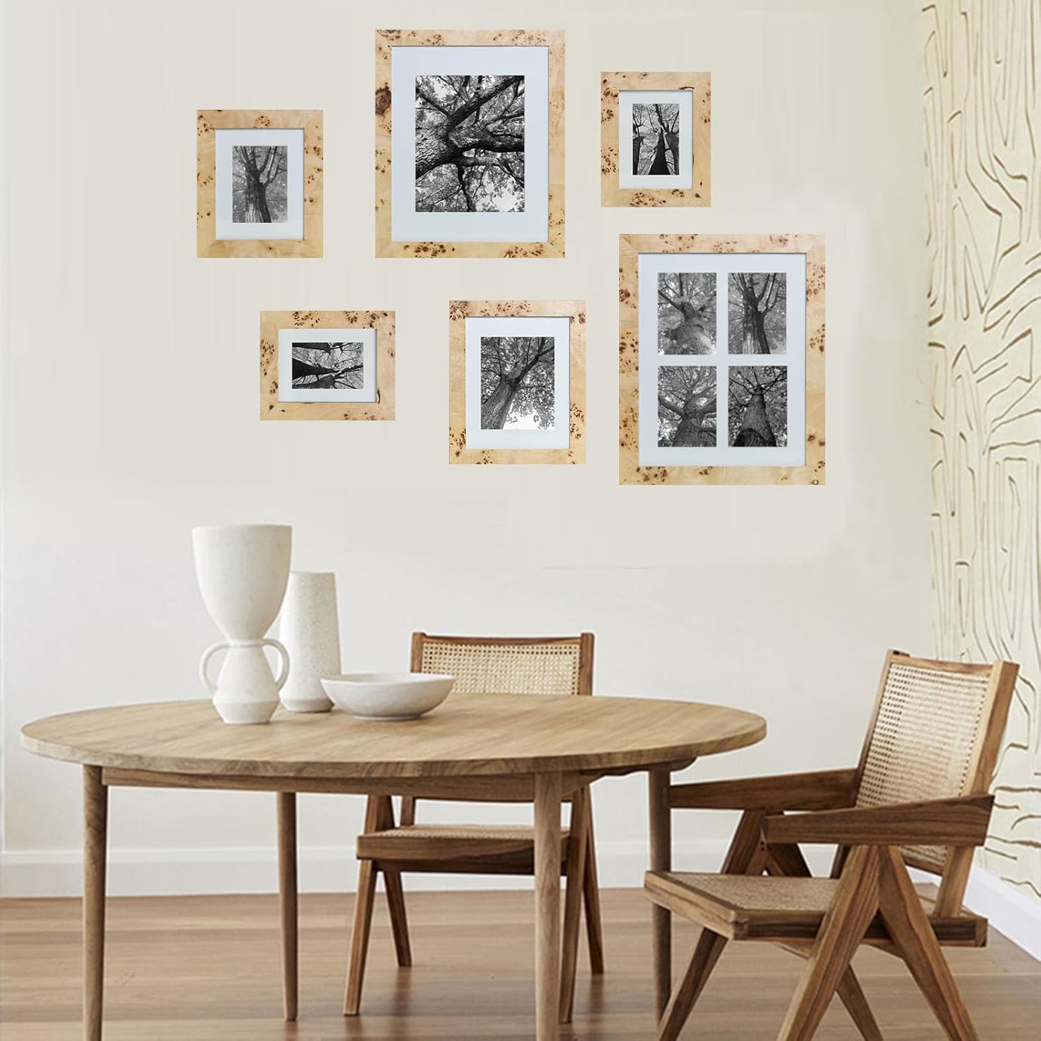 6 Pack Burlwood Wood Gallery Frames Set - Natural Finish Picture Frames for Family Photos - Elegant Wall or Tabletop Decor