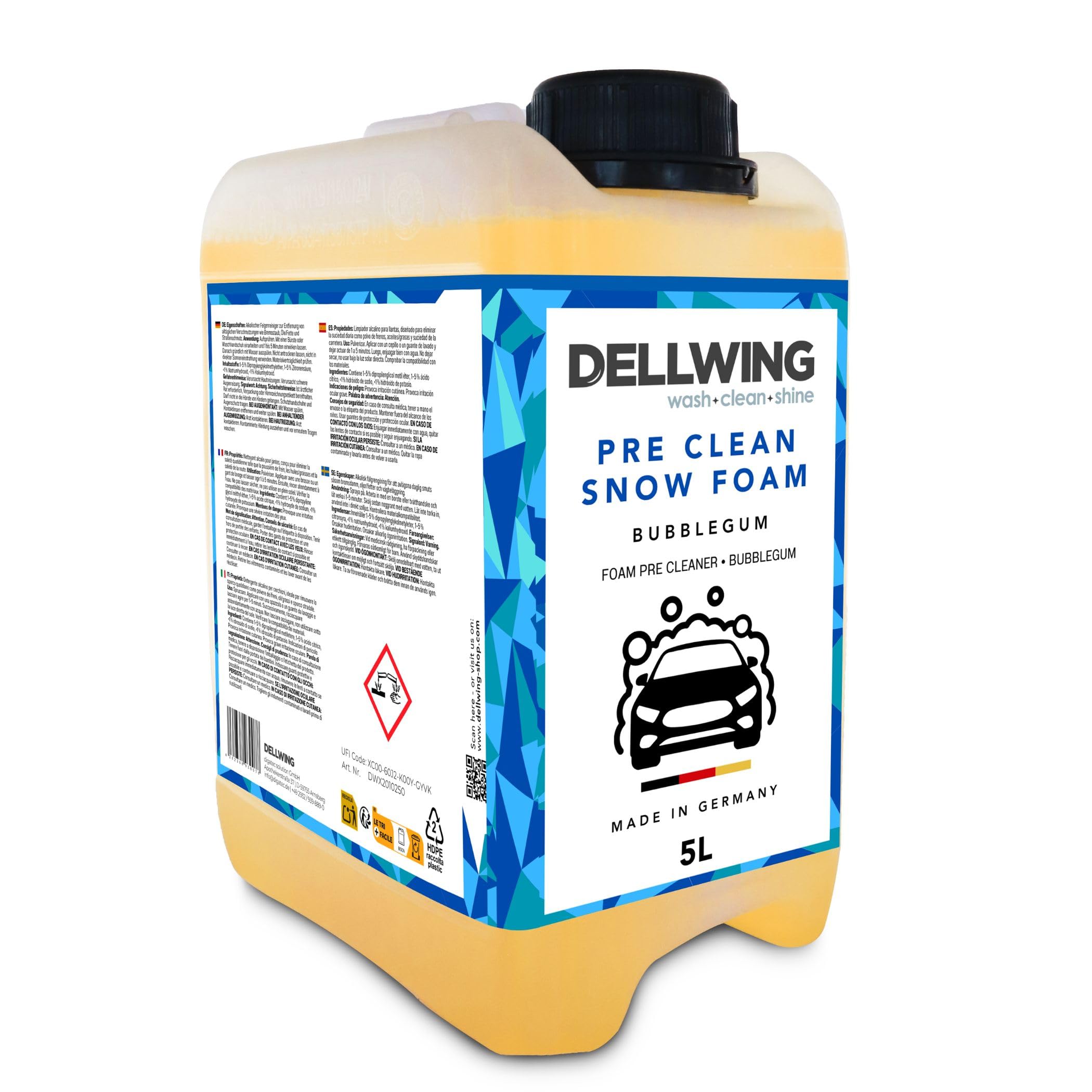 Dellwing Pre Clean Snow Foam concentrado 5 l, champú de prelavado pH neutro, limpiador espumoso para lavado y cuidado exterior del coche, olor a chicle, fabricado en Alemania