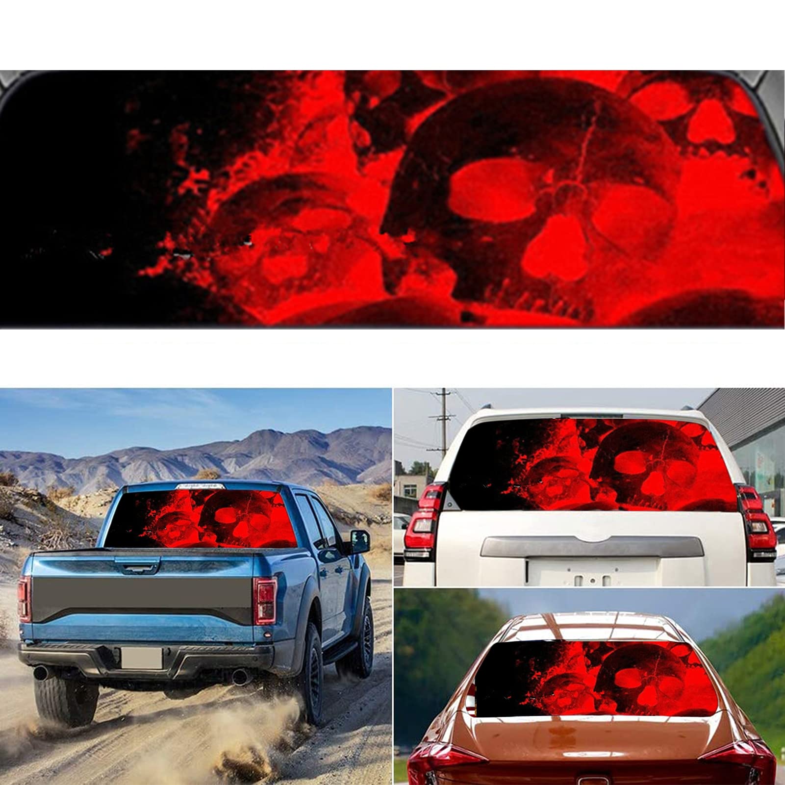 Autocollants pour fenêtre arrière de voiture - Motif crâne rouge - Pour camion, SUV, camionnettes, monospaces, autocollants universels pour voiture - 165 x 55 cm