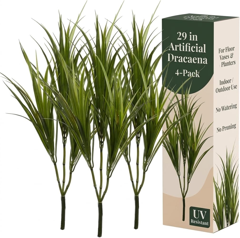 Larksilk 29" Artificial Dracaena Marginata Plant 4-Pack, Fake Tropical Silk Greenery for Floor Vases and Planters, Lifelike Faux Foliage for Modern Home Office Decor