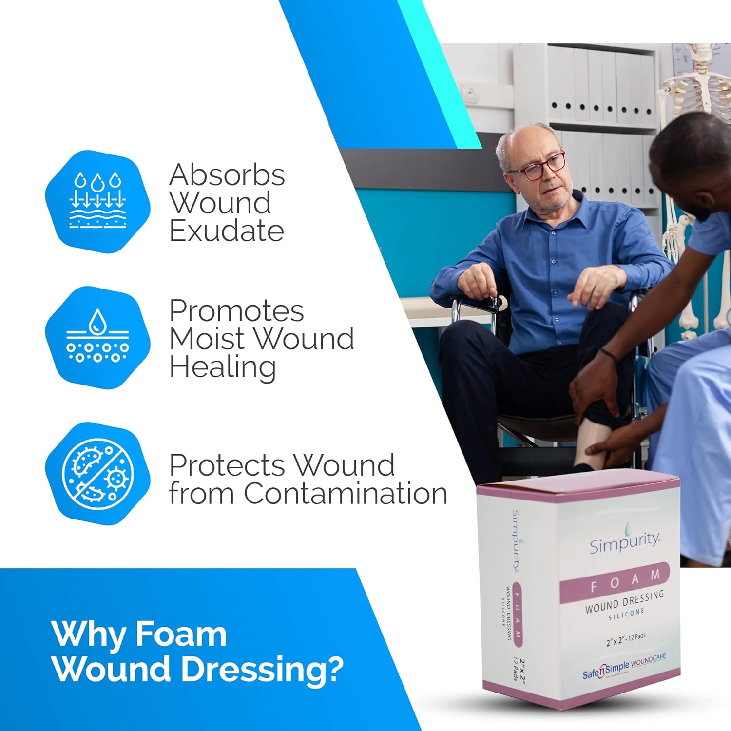 Safe n’ Simple Medical Foam Dressing for Wounds - 12 Pack Individual Thick Pads 4" x 6" - Highly Absorbent Medical Foam Padding for Wound Care - Non-Adherent Foam Dressing Without Border
