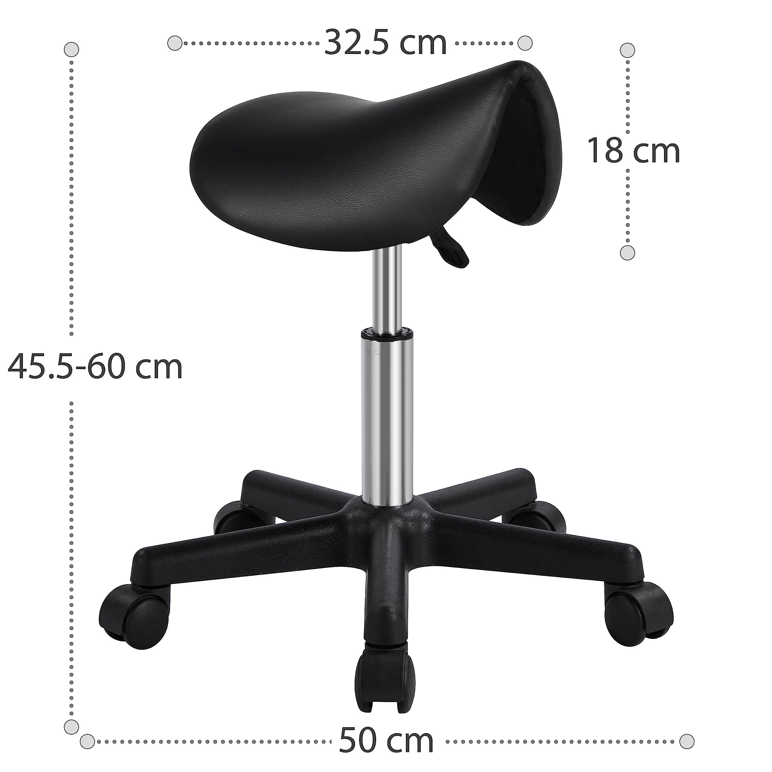 Yaheetech Tabouret roulettes Professionnel PU Tabouret Ergonomique Selle De Cheval Anti Mal De Dos à roulettes Pivotantes Hauteur Réglable 45,5-60 cm Noir