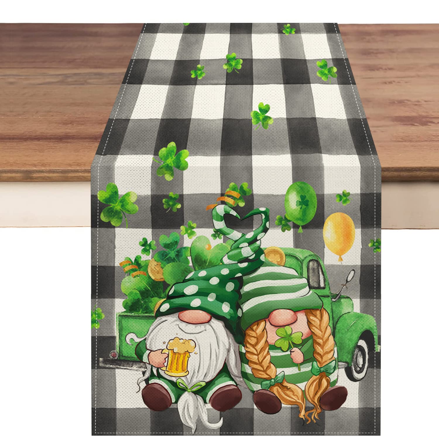 St Patricks Day Gnome Table Runner, Gnomes with Truck Buffalo Plaid Shamrock Green Irish Table Decors for Seasonal Spring Farmhouse Home Kitchen Dining Party 13x72 Inch