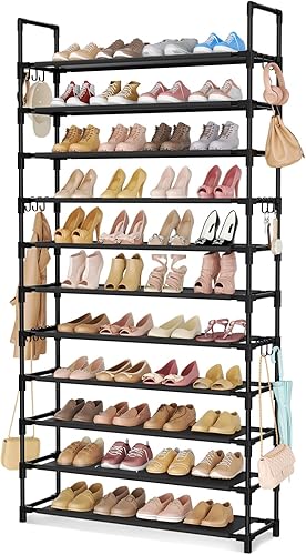 Zapatero alto de 11 niveles con capacidad para 55 pares de zapatos con 18 ganchos, organizador de zapatos ancho y resistente, estante de zapatos de