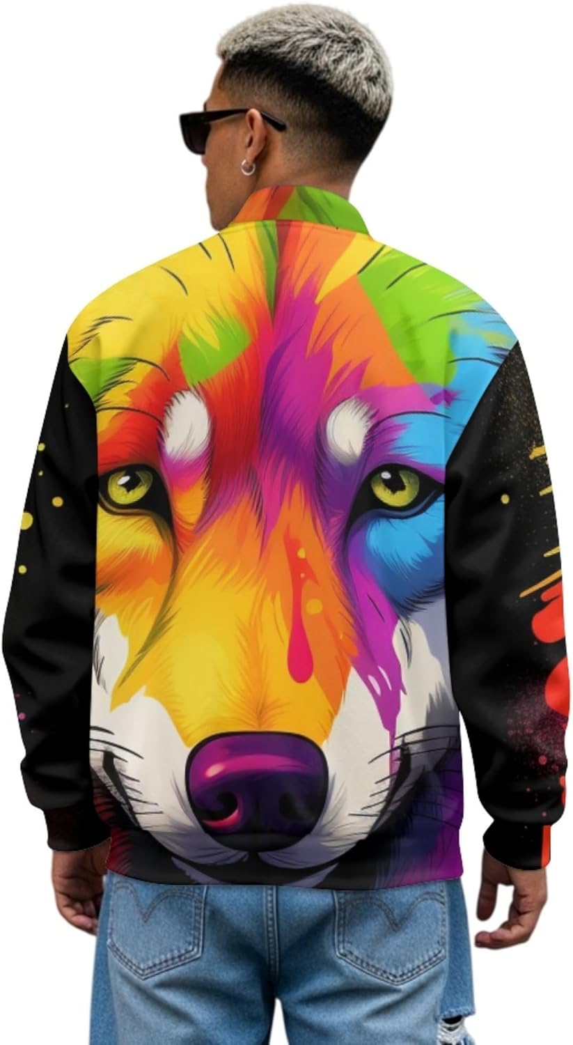 Men's 3D Wolf Printed Novelty Fashion Varsity Baseball Jacket Casual Letterman Bomber Jacket Coat