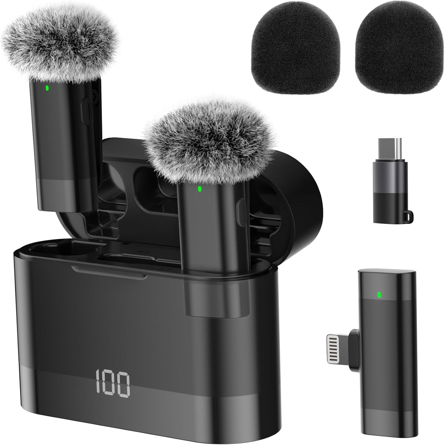 Wireless Lavalier Microphone for iPhone 15/16 Cell Phone Mini microfono inalambrico Lapel Mic with 100ft Range 50H Battery Charging Case for Vlogging Vlog Video Recording (USB-C&Lightning, Black)
