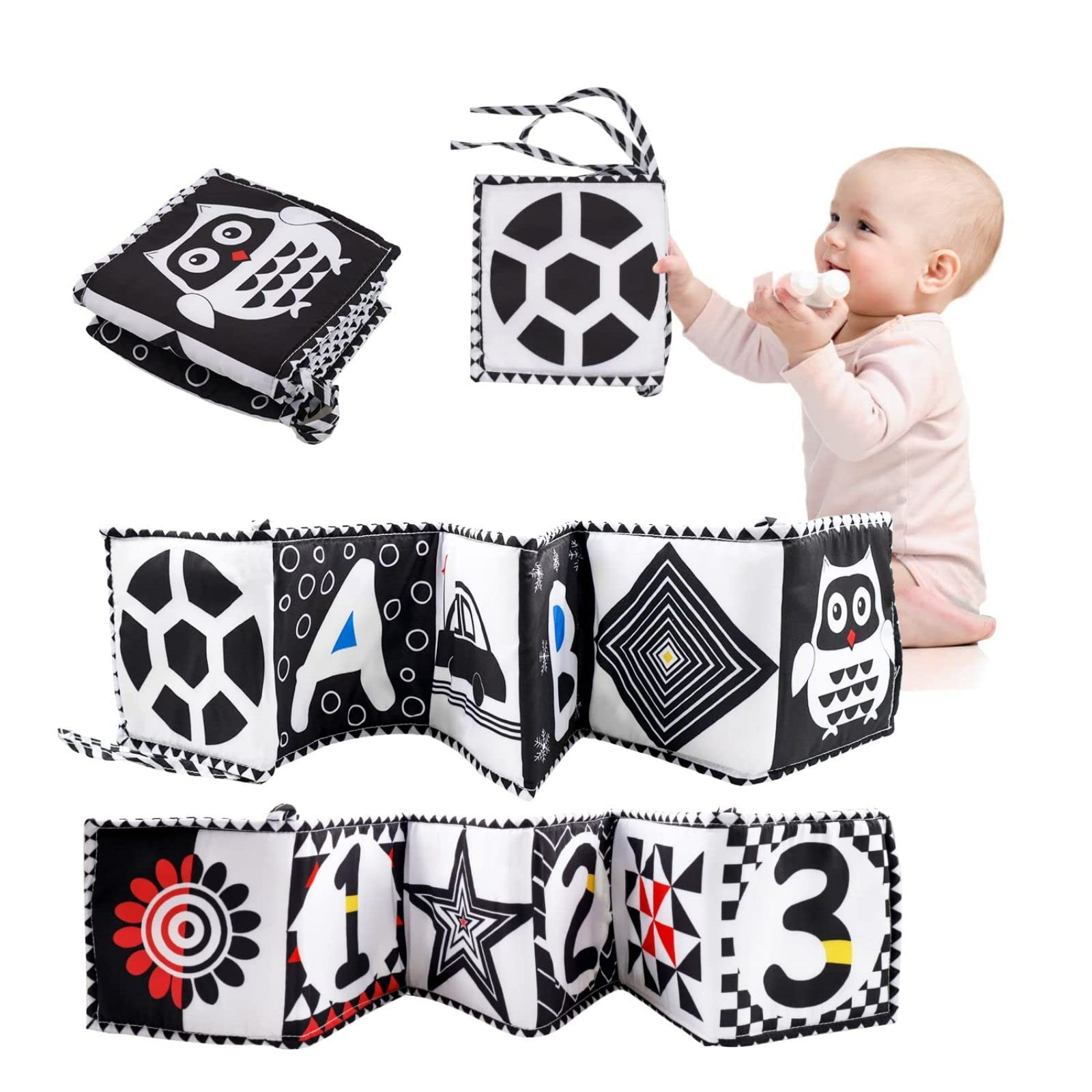 Arabest High Contrast Baby Book for Infants - Black and White Tummy Time Activity Soft Cloth Book - Folding Educational Crib Toy for 0-6 Months Newborns, Boys and Girls