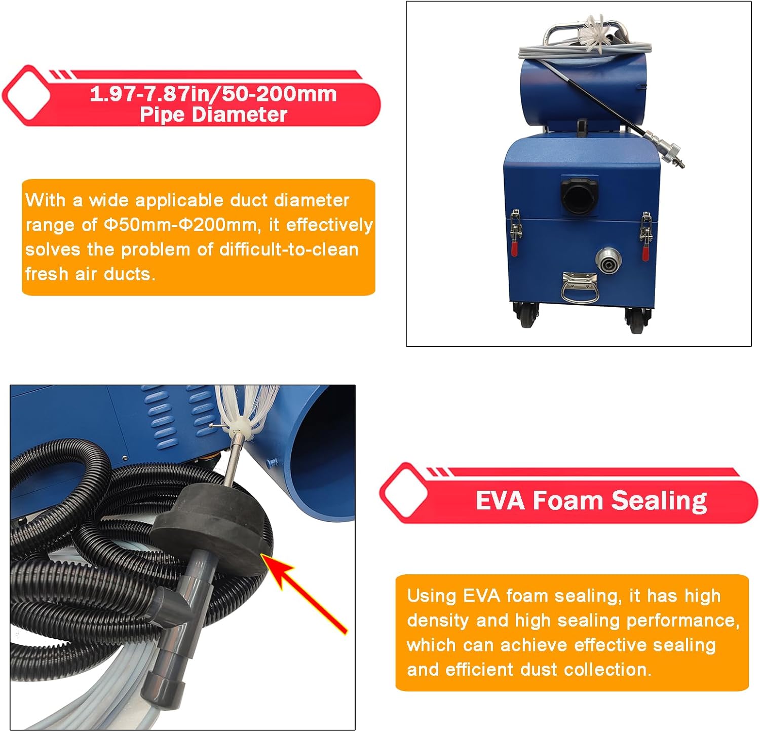 Air Duct Cleaning Machine Fresh Air Pipe Cleaner Sweeping and Suction Duct Cleaner 360°Rotary Brush Ventilation Pipe Cleaning Tool with Transformer 220V 1600W Applicable Diameter 1.97-7.87in