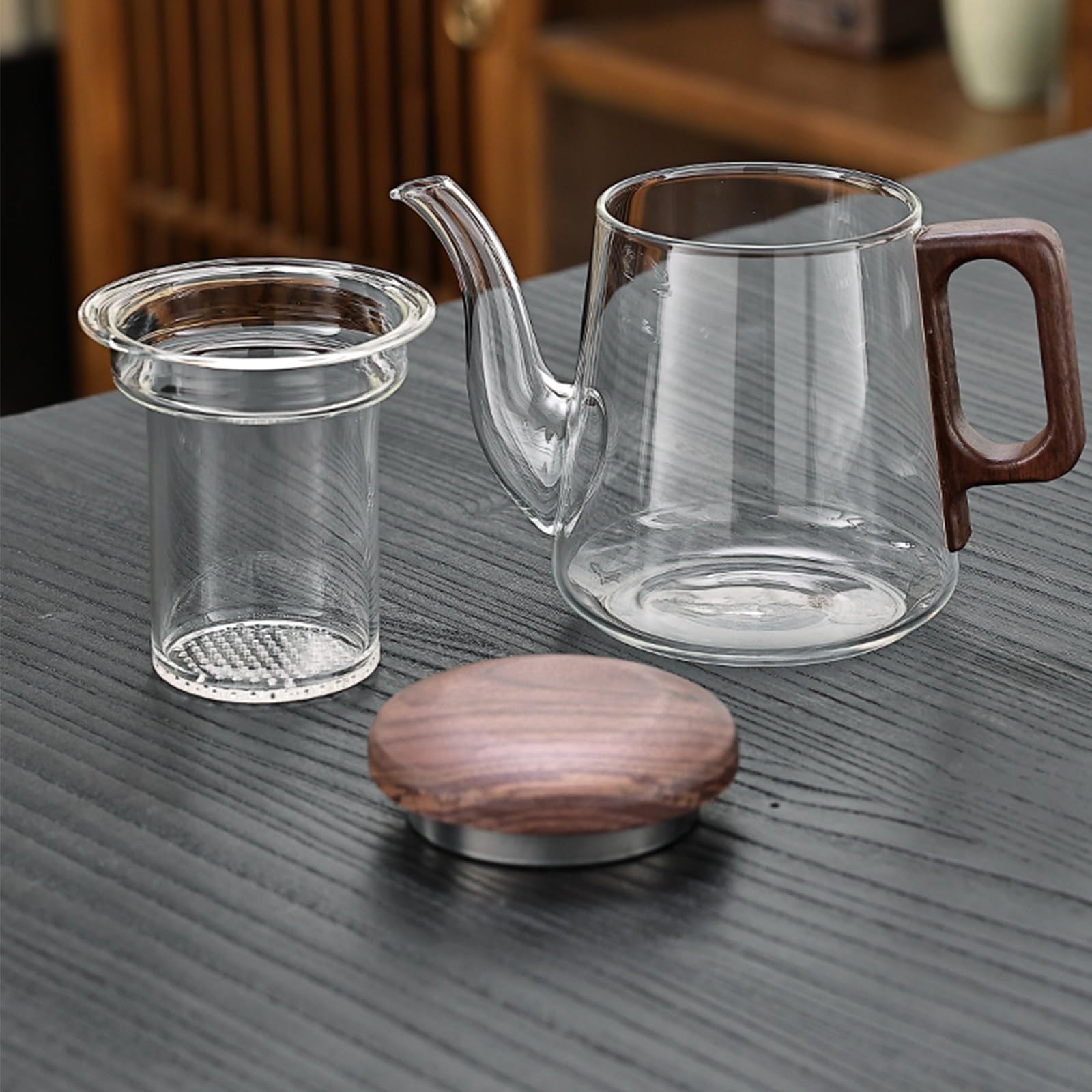 500 ml Wasserabscheider-Teekanne aus Glas mit Holzgriff, Teekanne aus Glas mit Sieb, Magische Teekanne, Hexerei-Teekanne, Magische Teekanne, Druckkontrolle, Magische Teekanne, Teekanne aus Borosilikat