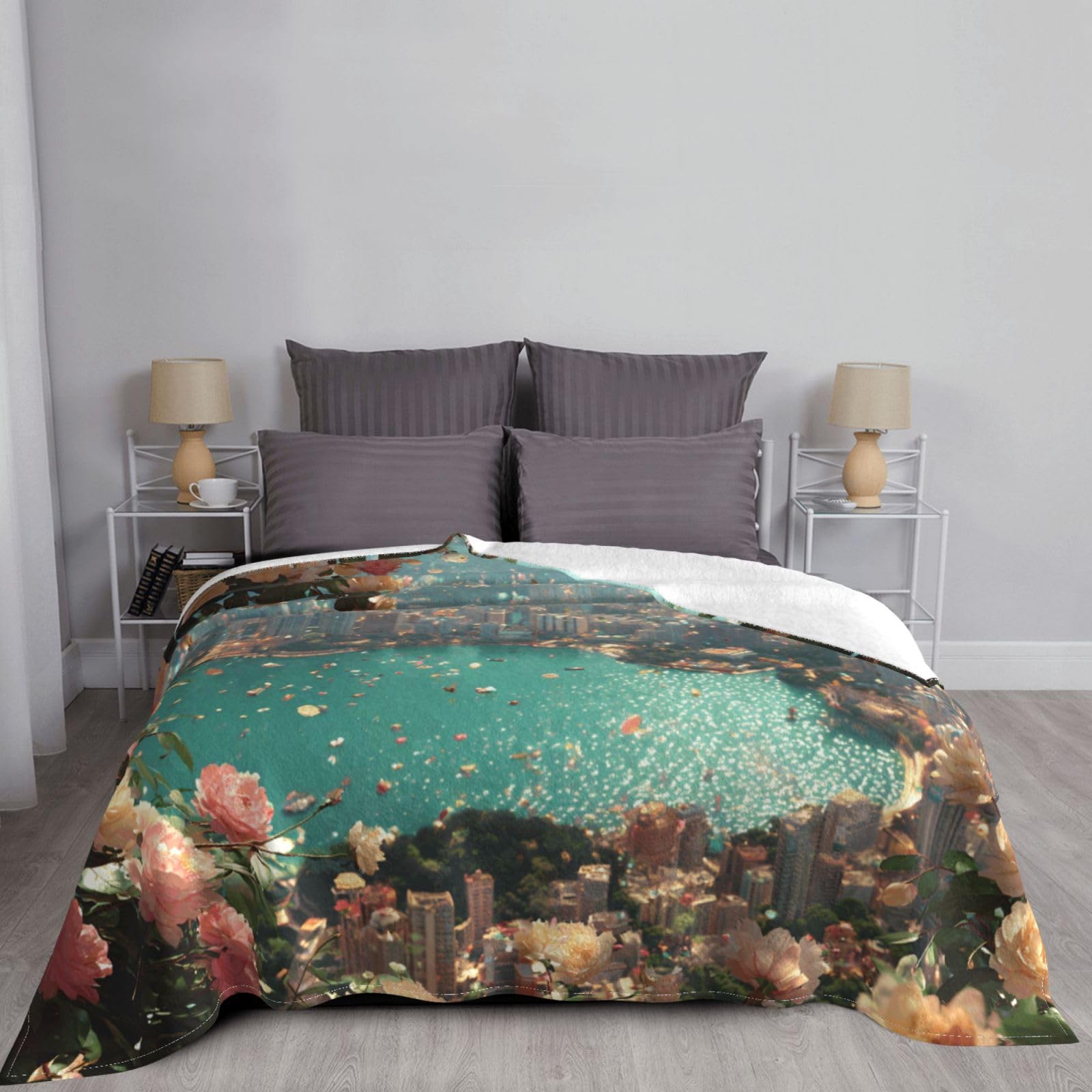 Manta de viaje portátil de 80 x 60 pulgadas, suave, resistente a las arrugas, plegable, exquisito estampado de ciudad costera