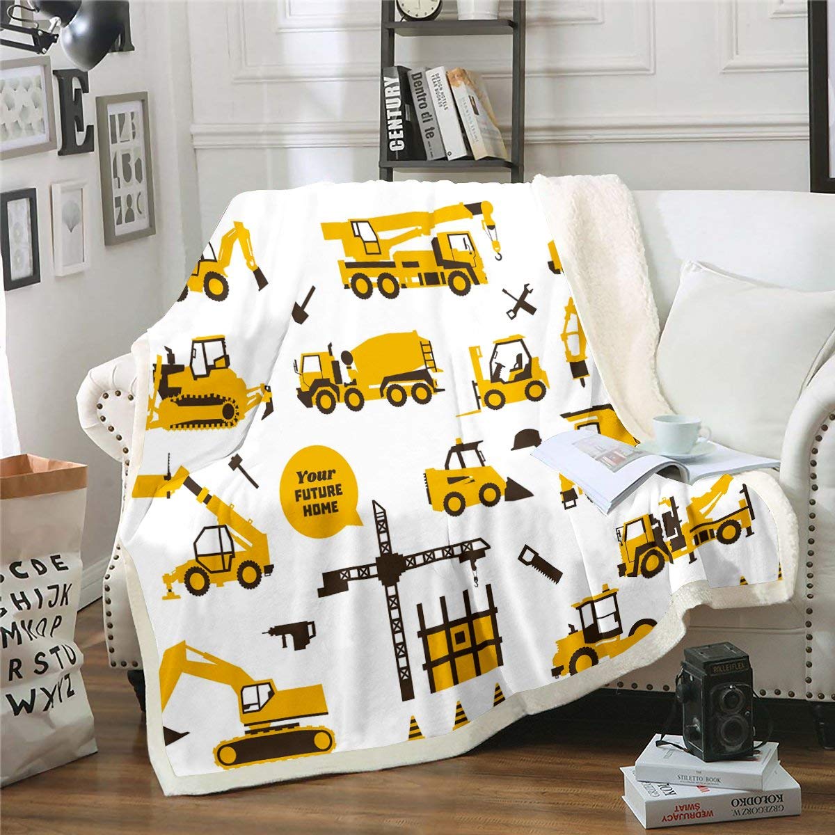 Digger Boys Throw Blanket Equipment Truck Duvet Construction Tractor Vehicle Plush Blanket for Kids Warm Fuzzy Blanket Kids Car Theme Room Yellow 130 x 150 cm