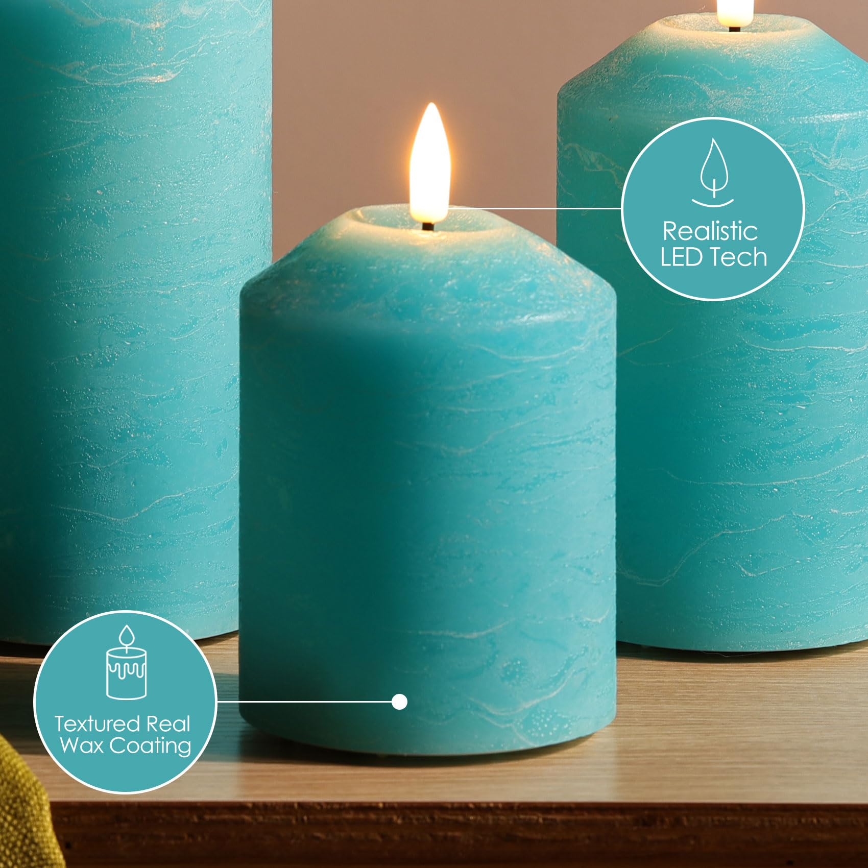 Eywamage Candele a LED blu turchese con telecomando, candele senza fiamma a batteria in vera cera tremolante D 3" H 4" 5" 6"