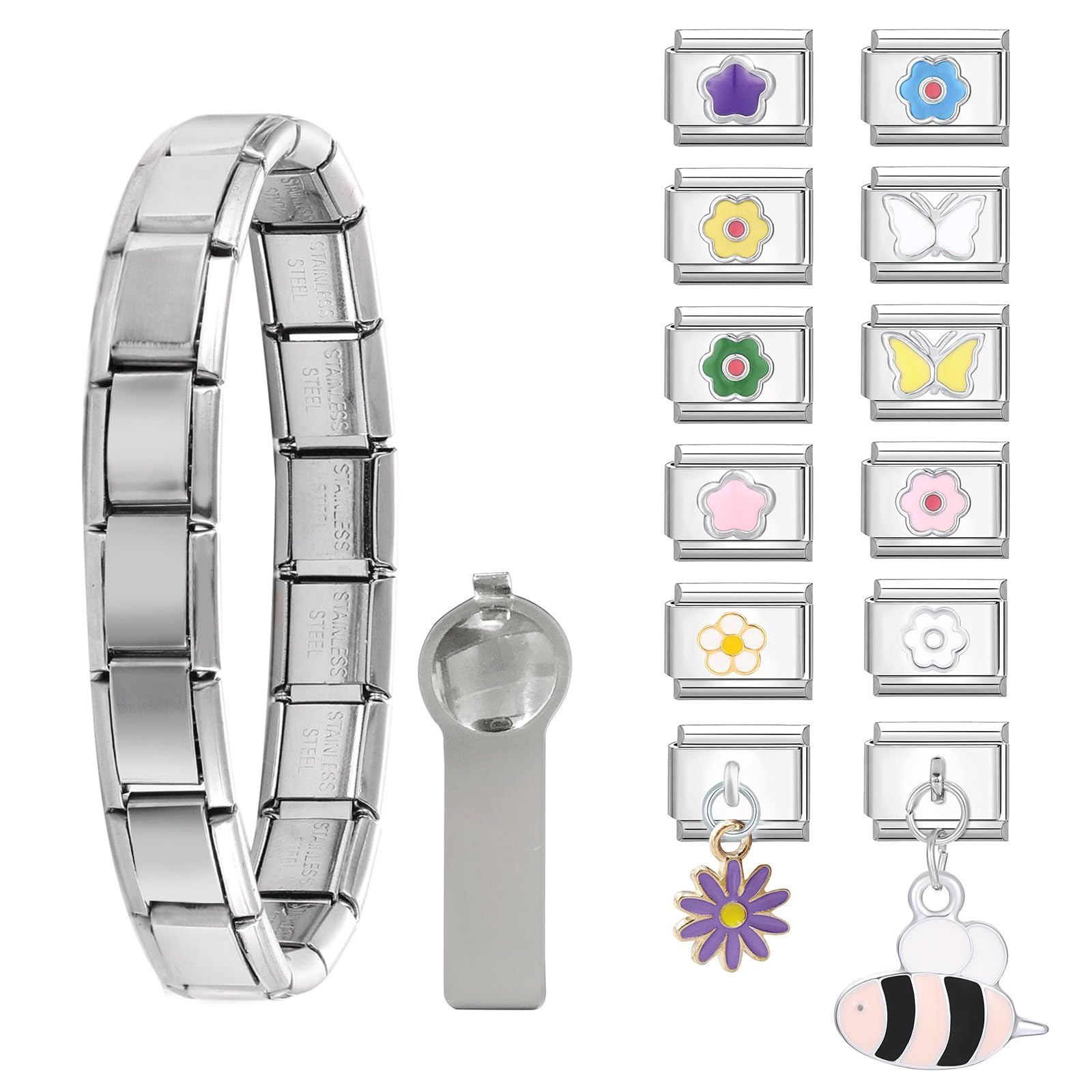 Pulsera Italiana Dijes 9 mm Modular Joyería Clásica con Dijes Acero Inoxidable 124 estilos Pulsera Módulo de Eslabones Acero DIY Regalo para Mujeres y Niñas, flores