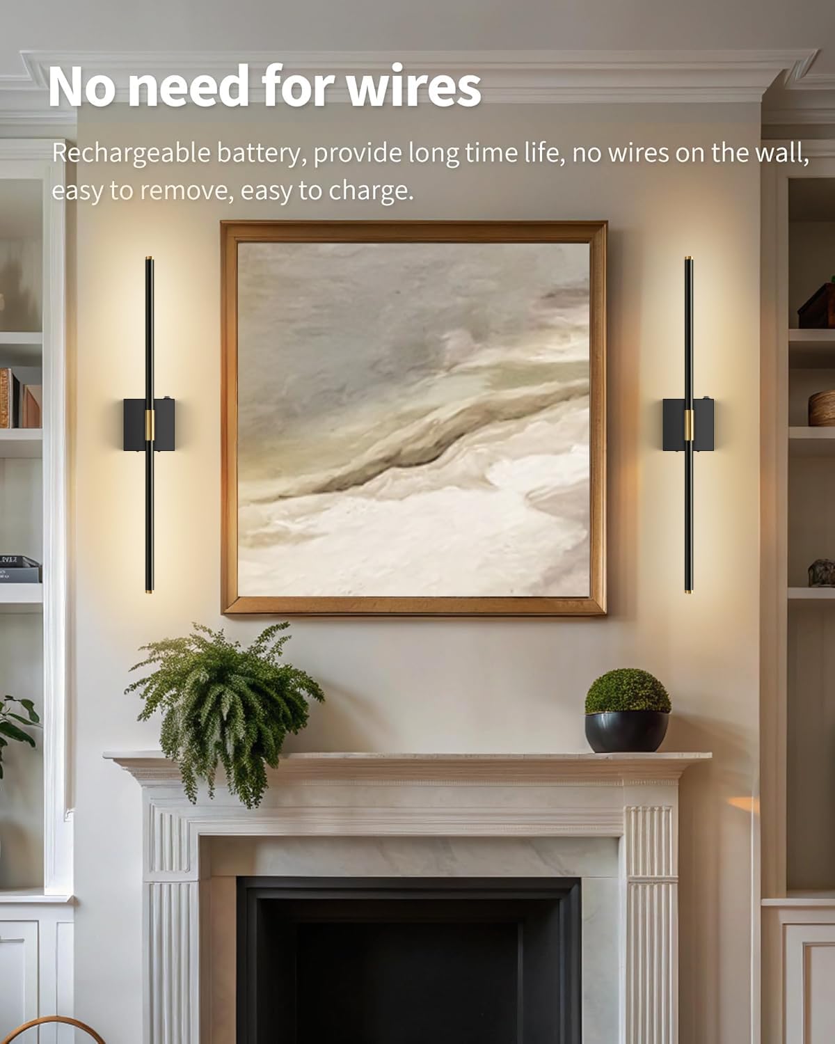 SAIMAND Wall Sconces Set of 2 Battery Operated, Wireless USB Rechargeable Wall Lights with Remote Control, 360° Rotation, 5200mAh LED Dimmable Picture Lamp for Living Room,Bedroom,Hallway (30in Black)