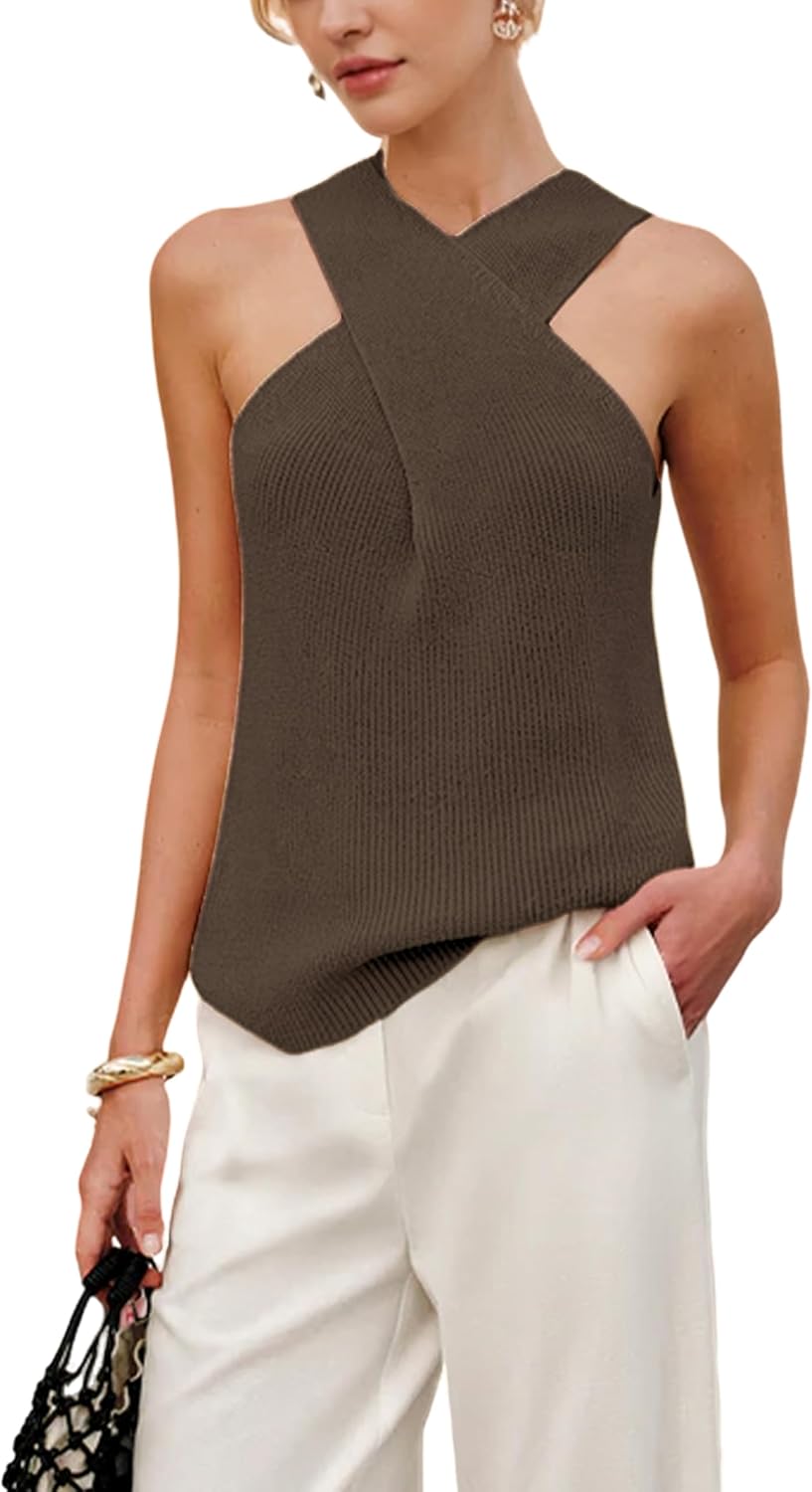 Yeokou Women Halter Cross Over Collar Tank Knit Sleeveless Top Solid Color Casual Summer Blouse