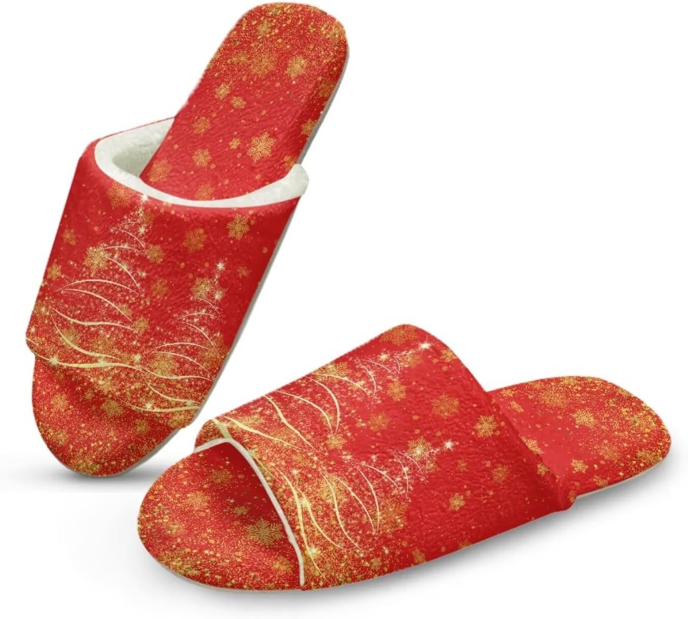 Xmas Fuzzy House Slippers for Women Women Warm Slip-On Spa Slippers for Guests Open Toe Soft Cushioning 2 Pairs