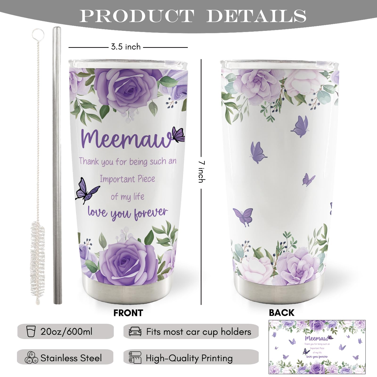 Meemaw Mothers Day Christmas Birthday Thank You Gifts Gift 20oz Travel Coffee Mug Tumbler for Grandma from Grandkids Grandchildren, Memaw Water Stainless Steel Tumbler with Lid and Straw