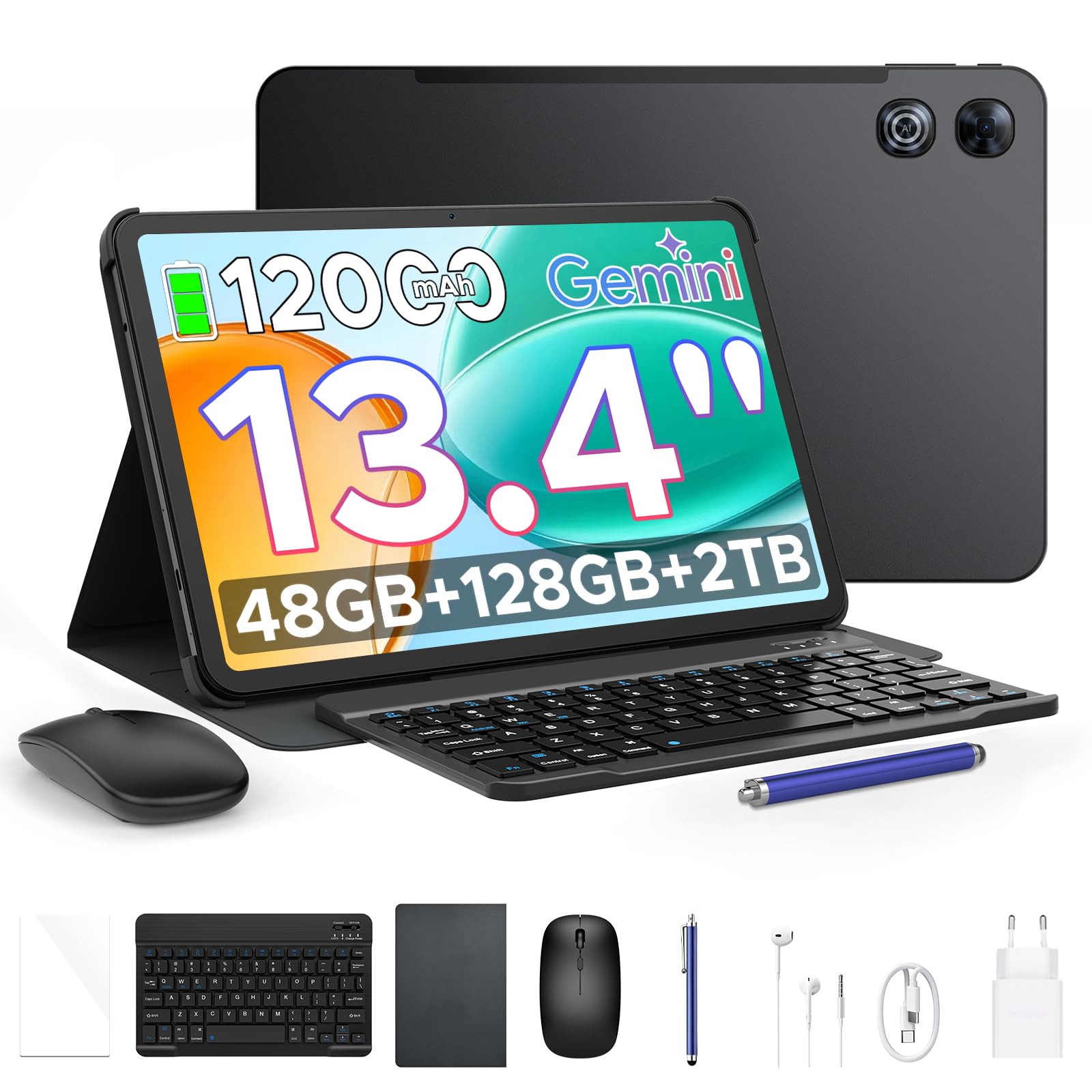 P13 Tablet 13 Pollici Android 16 e Gemini AI, 2.4K/120Hz, 48GB RAM+128GB ROM/2TB TF, 12000mAh/18W, T7280 Octa-Core, 13MP, Face ID/WiFi5/GPS/OTG, Tablet con Tastiera e Penna, Grigio