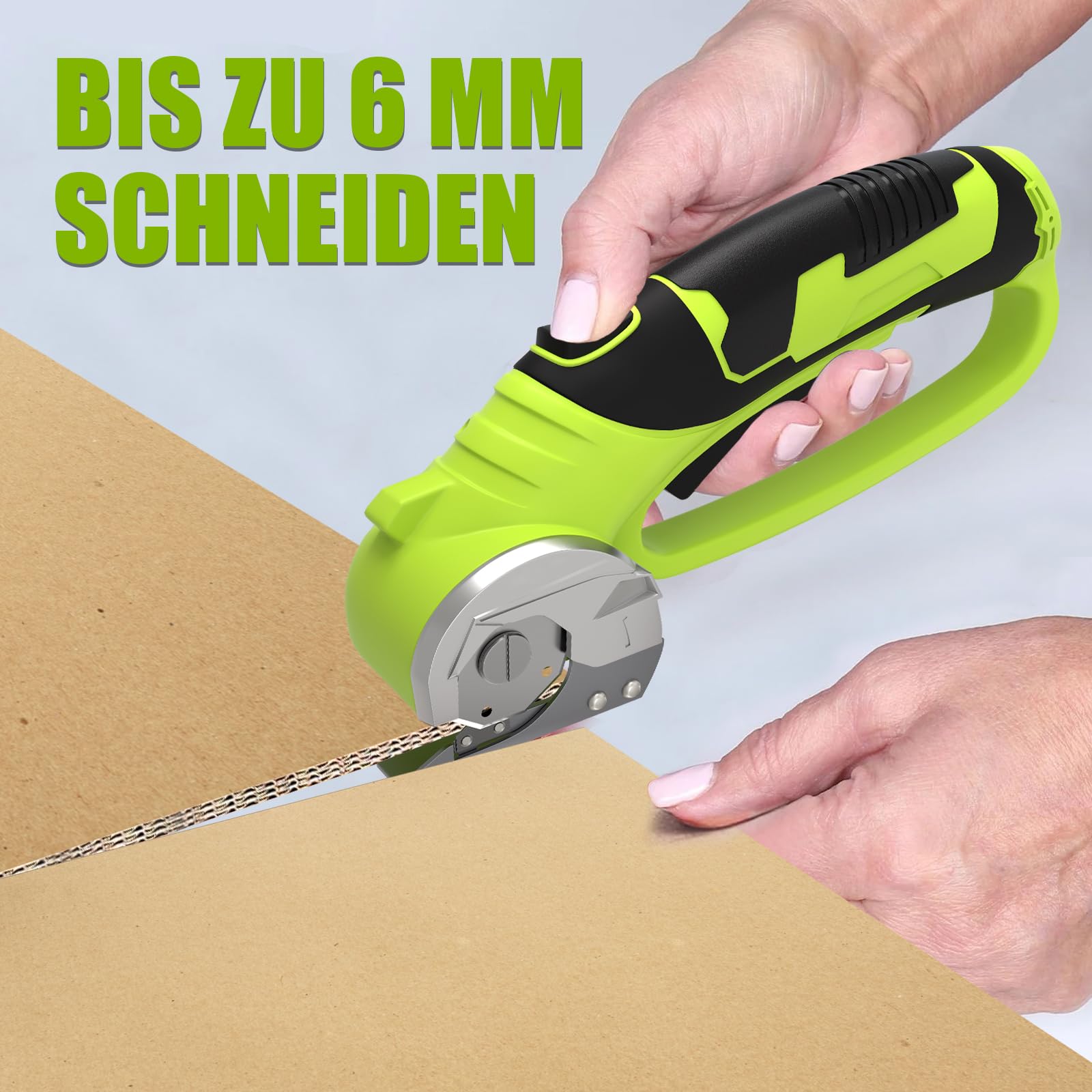 GARDTECH Elektrische Schere 4V Akku-Elektroschere für Karton, Kartonschneider für Stoff, Rollschneider mit LED-Licht für Bastelarbeiten, Leder, Kunststoff oder Teppich, grün