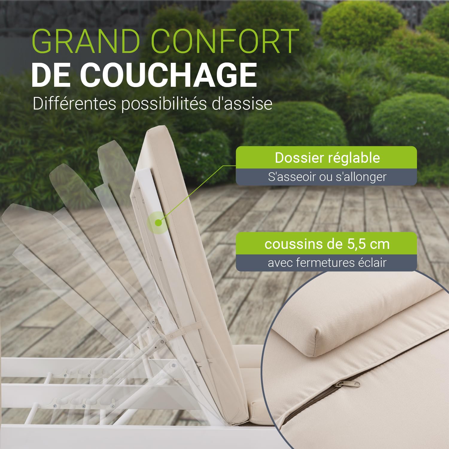 Juskys Kreta Lit de jardin double pour 2 personnes - Toit et dossier réglables - Chaise longue pour terrasse, jardin et balcon - Blanc