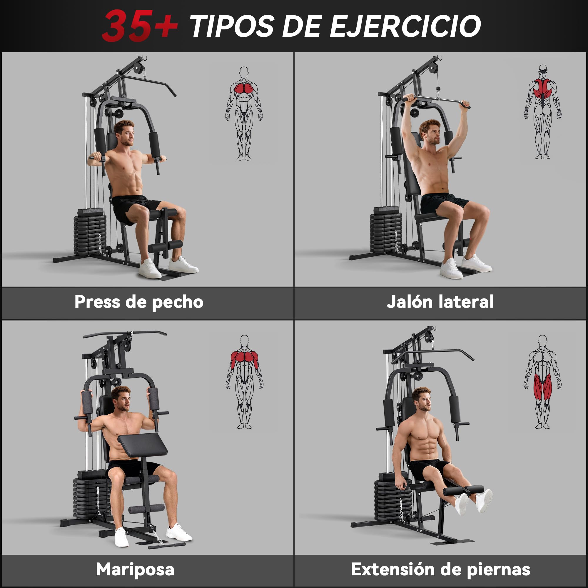 HOMCOM Multiestación Máquina de Musculación con Estribo para Piernas Placas de Peso de 45 kg Carga MAX. 110 kg para Entrenamiento Fitness en Hogar Gimnasio 135x103x200 cm Negro