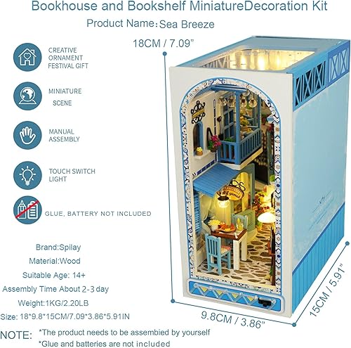 Miniatura 4 de Spilay Kit de rincón de libros para bricolaje, kit de casa de muñecas en miniatura con muebles y LED, rompecabezas de madera 3D para estantería,