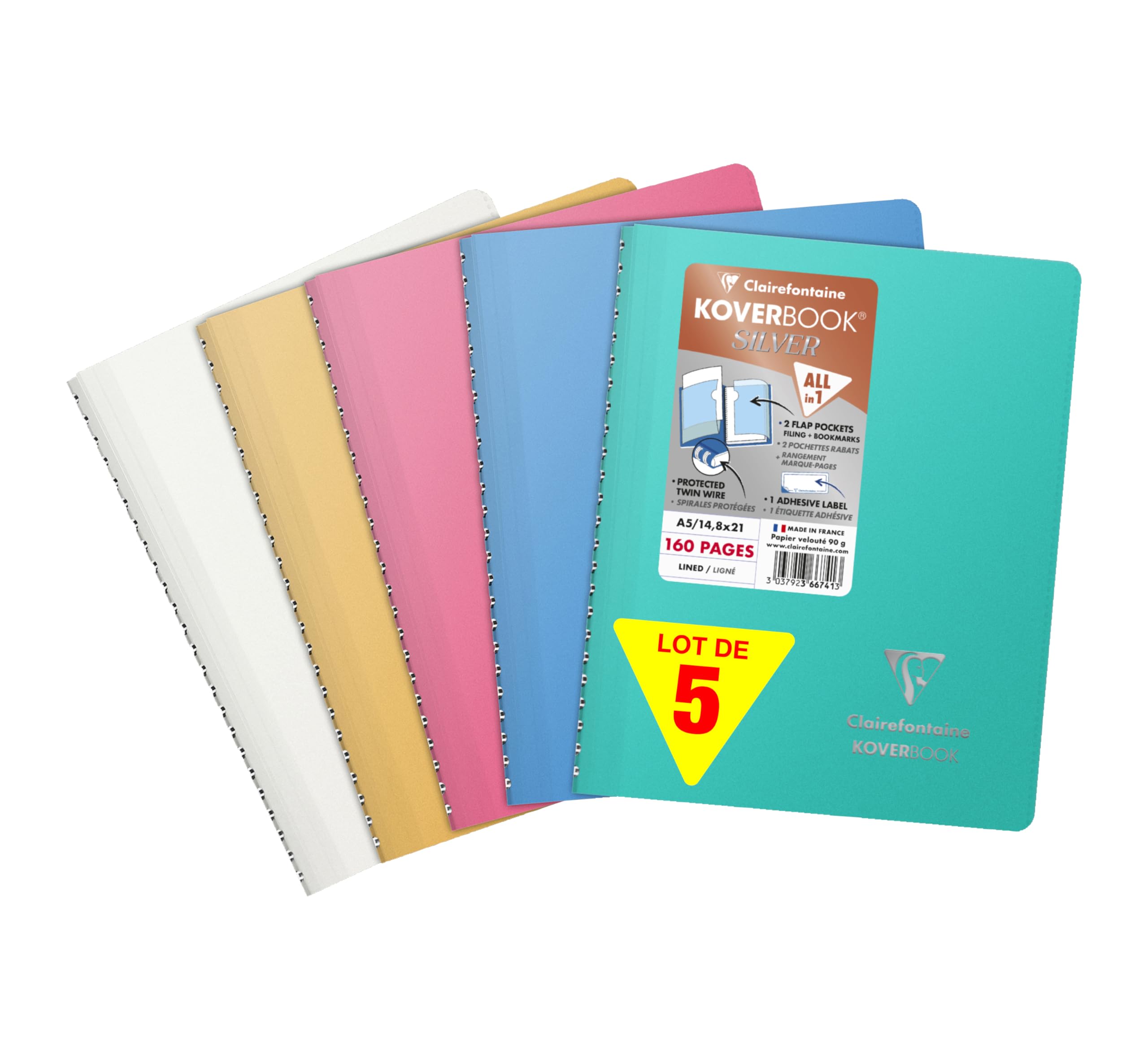 Clairefontaine 366741C Set of 5 Koverbook Silver Spiral Notebooks - A5 14,8x21 cm - 160 Ruled Pages - White Paper 90 g - Opaque Polypro Cover - Random Colour